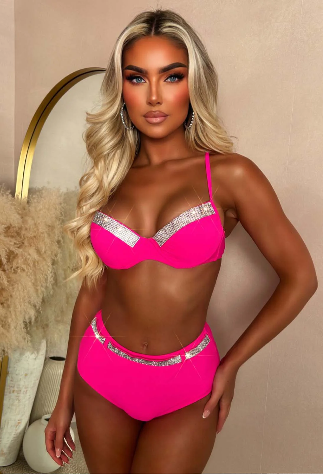 Heatwave Honey Hot Pink Diamante Bikini - Image 3