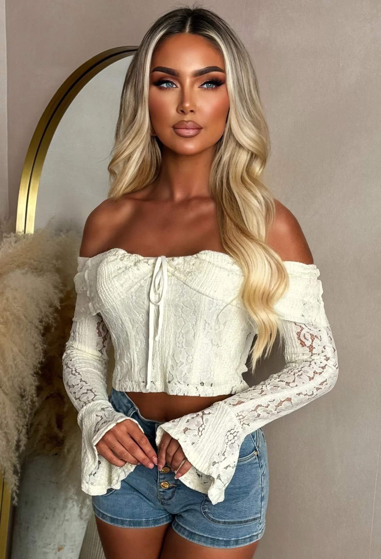 Heavenly Haze Cream Lace Off Shoulder Top - Image 2