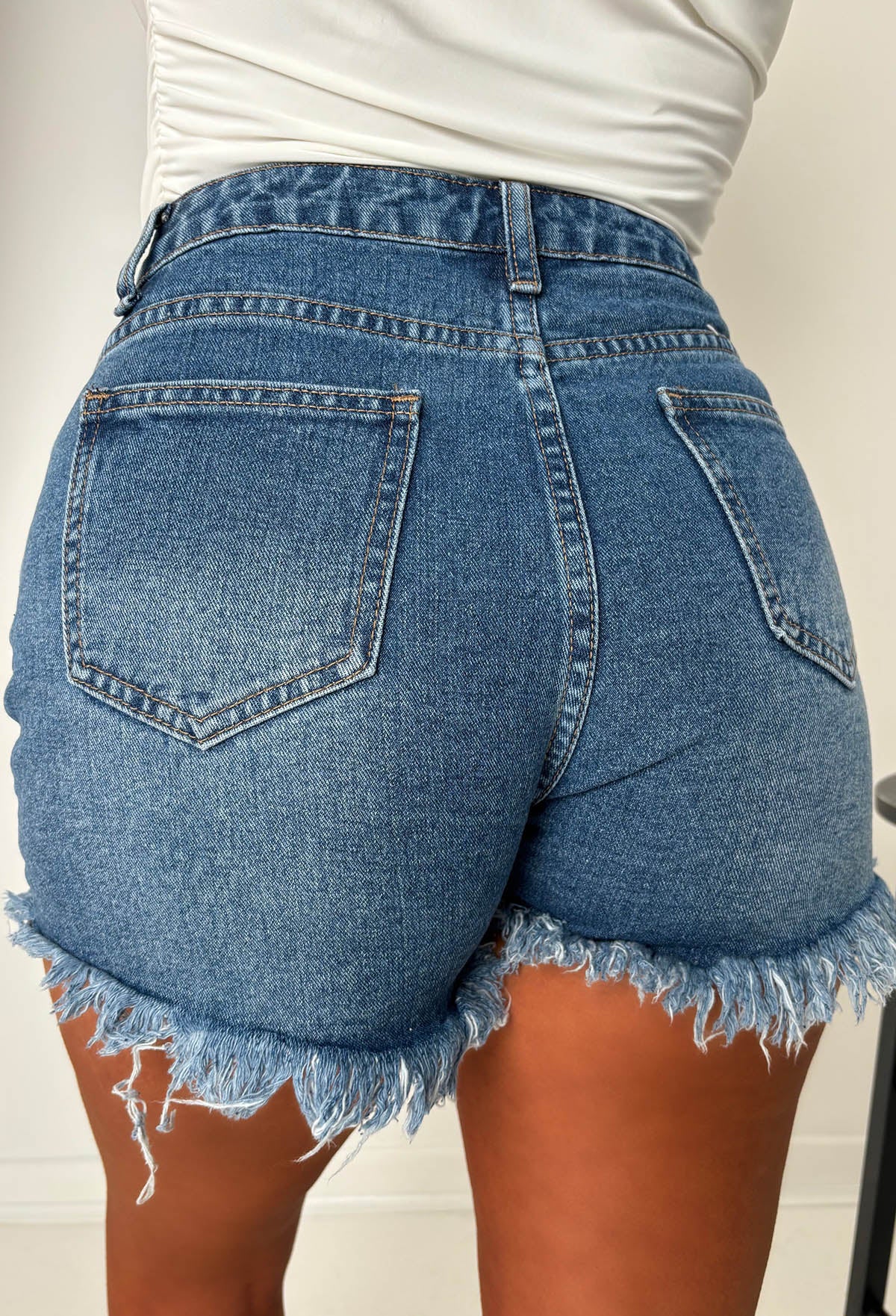 Hold'Em Close Mid Wash Stretch Frayed Cut Off Denim Shorts - Image 5