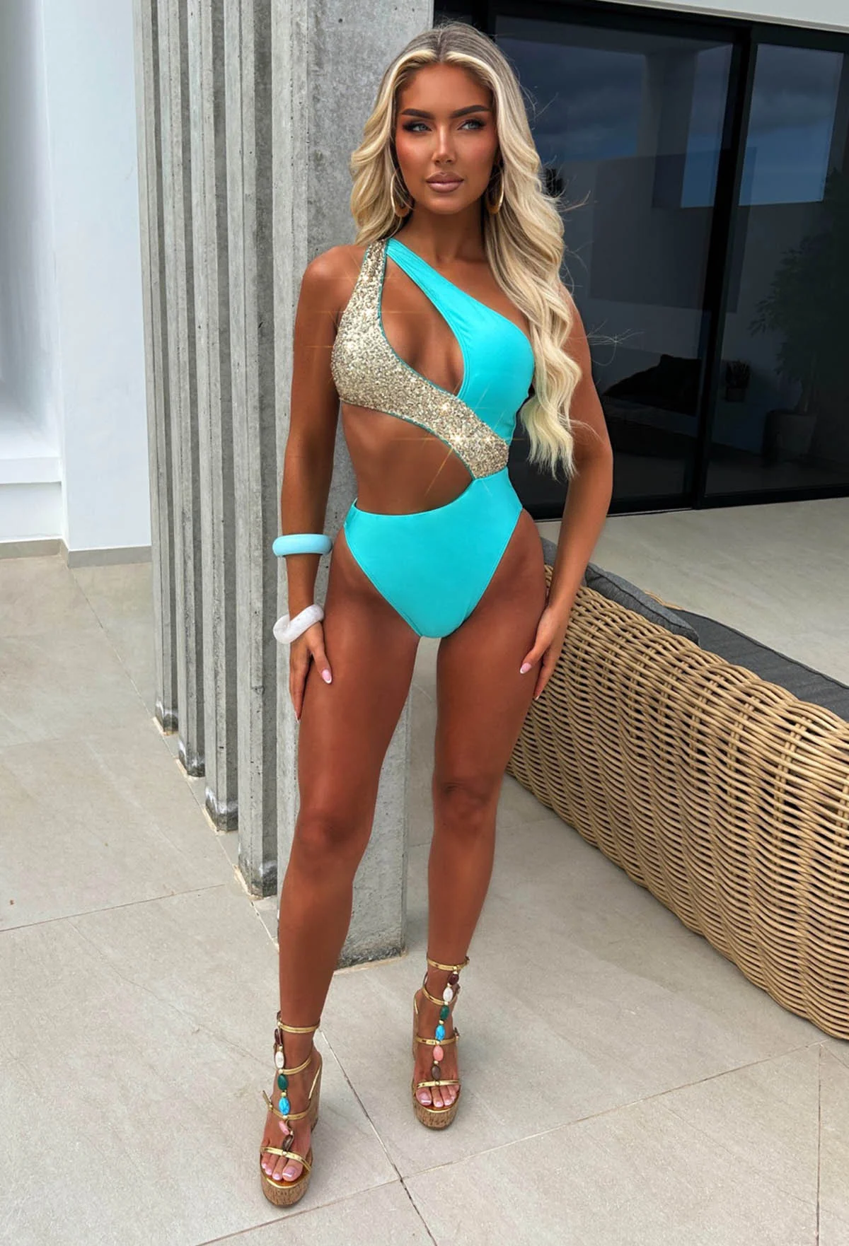 Holiday Queen Aqua One Shoulder Sequin Cut Out Swimsuit - Image 3