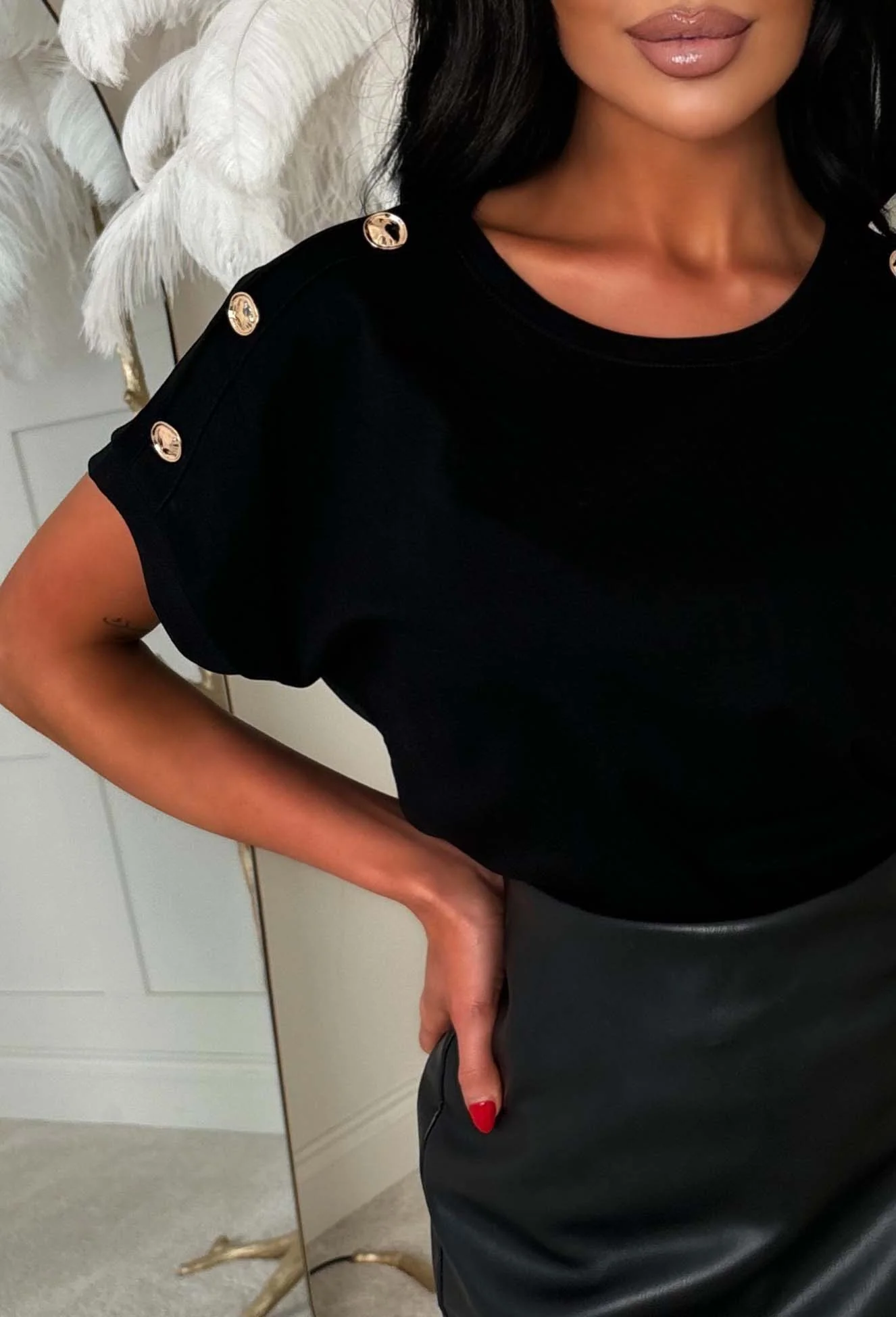 Holly Black Basic Gold Button T-shirt - Image 2