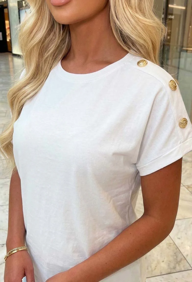 Holly White Basic Gold Button T-shirt - Image 2
