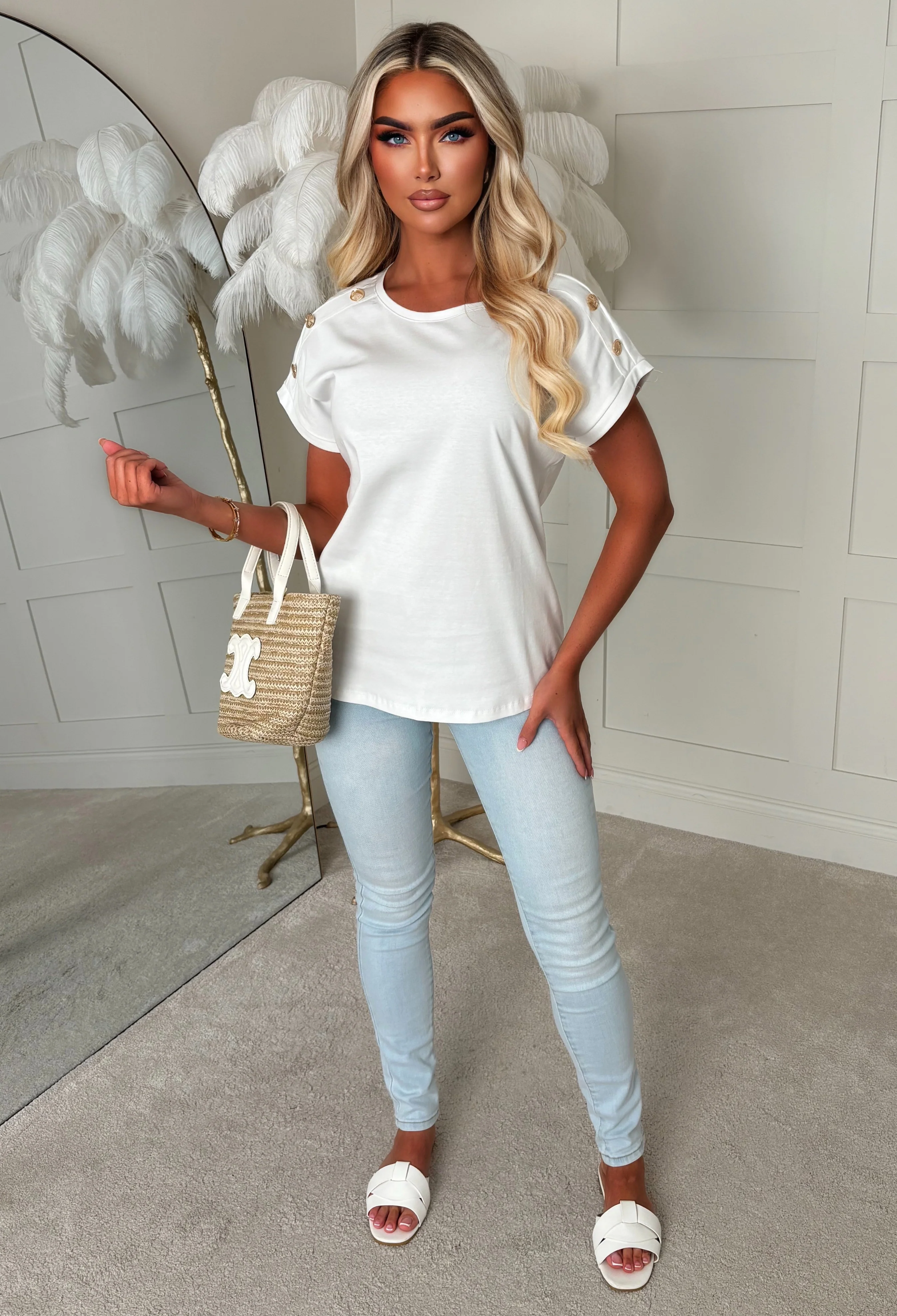 Holly White Basic Gold Button T-shirt - Image 4