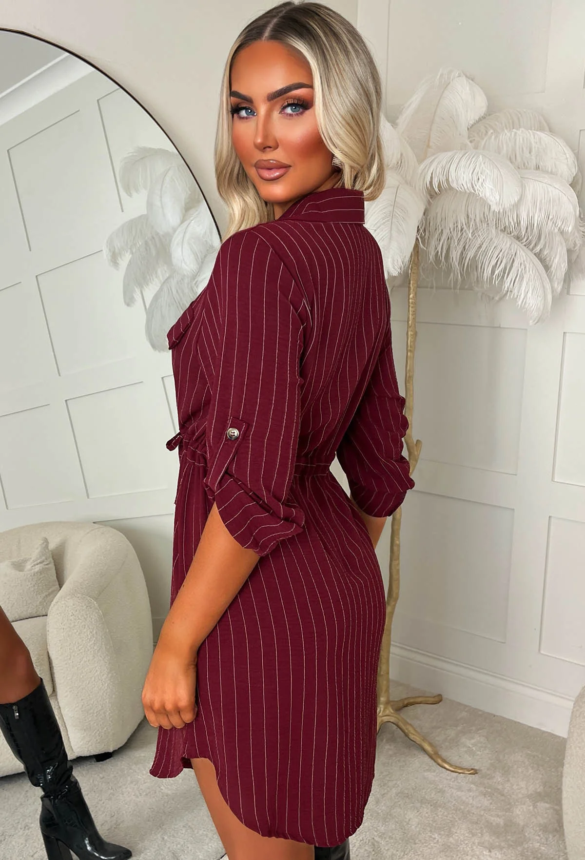 Honey Delight Burgundy Pinstripe Tie Front Shirt Dress - Image 3