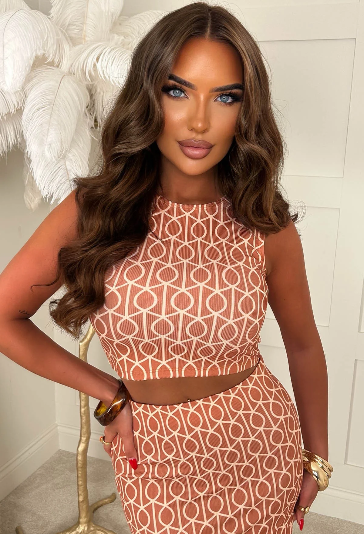 Honey Please Orange Geometric Print Ribbed Vest Top & Midi Skirt Set - Image 3