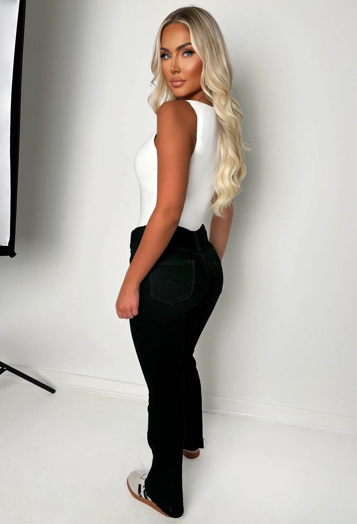Hot As Hell Black Low Rise Stretch Belted Flare Jeans - Image 3