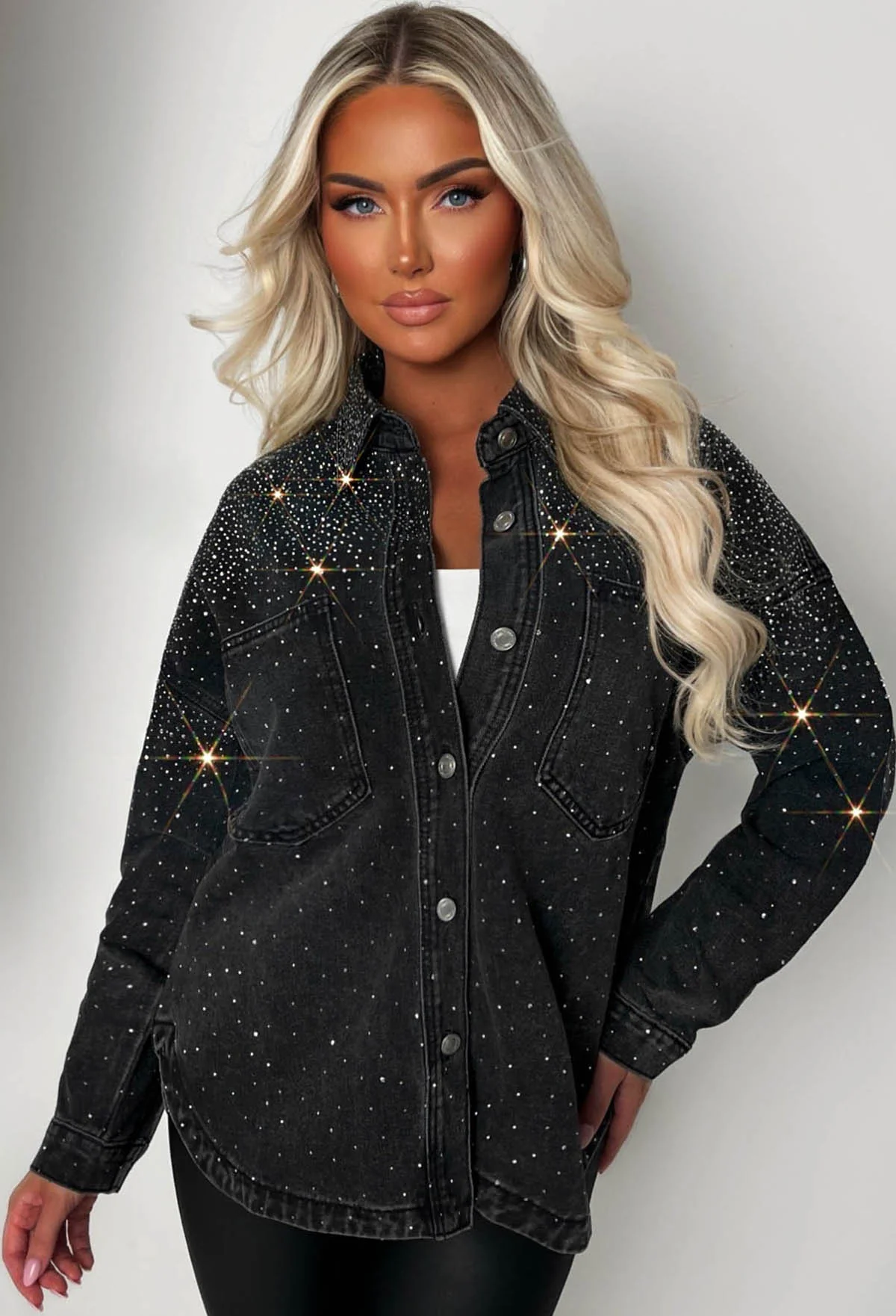 Hot To Handle Black Oversized Hot Fix Denim Shirt - Image 2