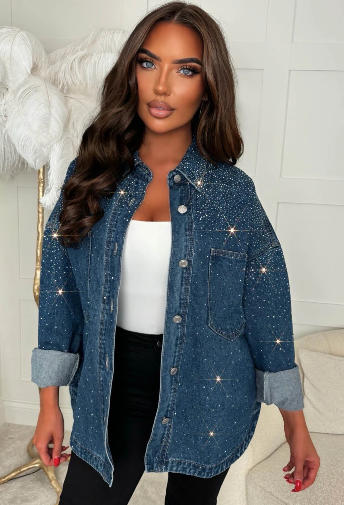 Hot To Handle Mid Blue Oversized Hot Fix Denim Shirt - Image 4