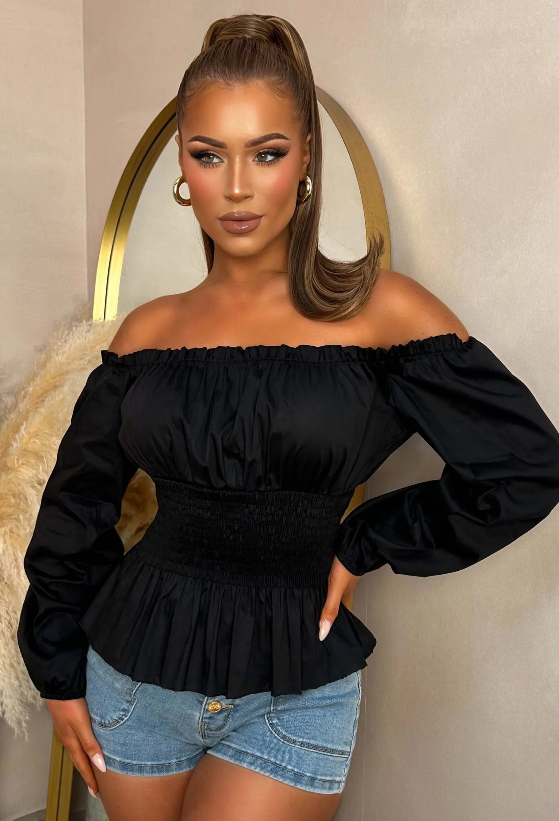 In A Daydream Black Shirred Waist Poplin Top - Image 3