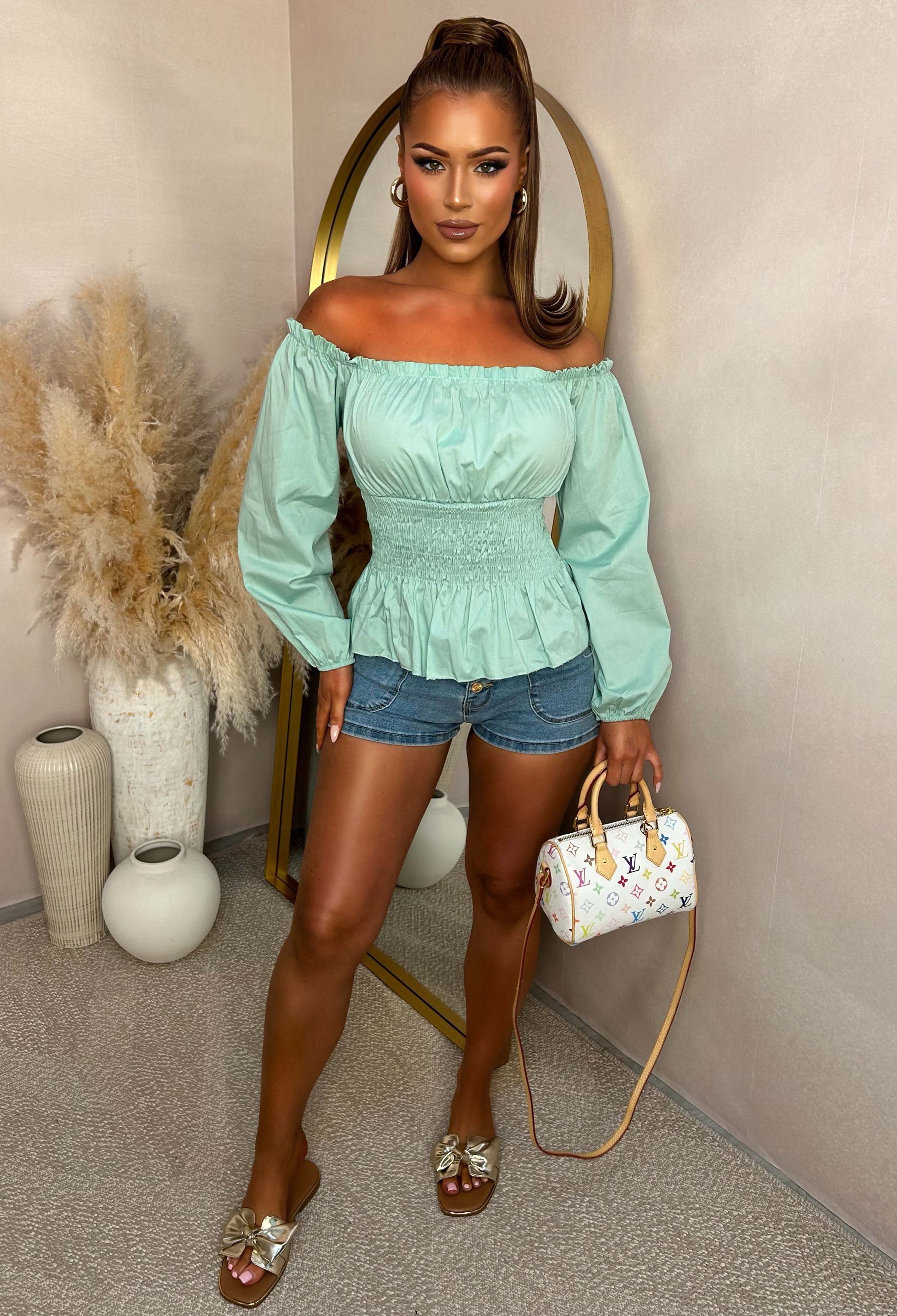In A Daydream Light Green Shirred Waist Poplin Top - Image 3