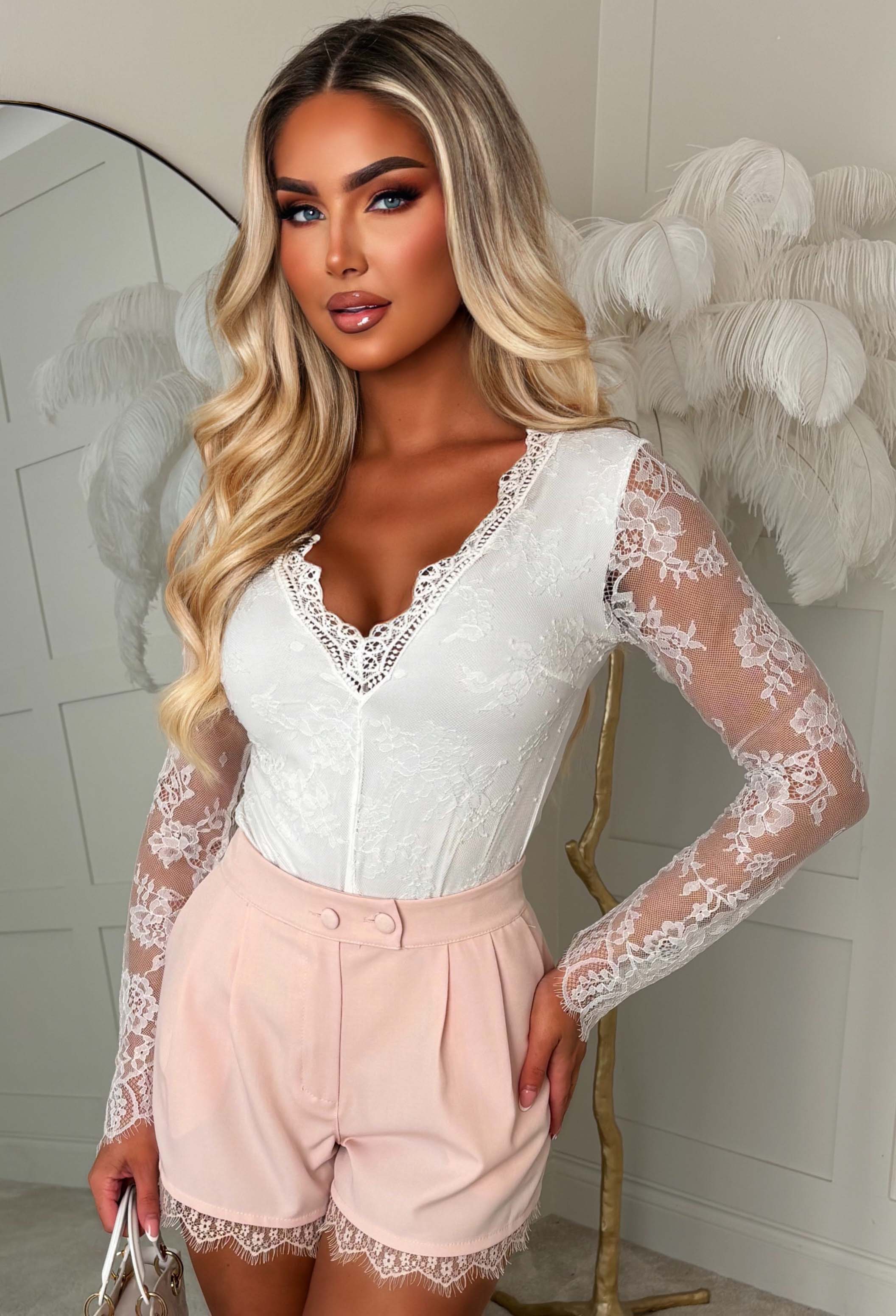 In The Spotlight Pink Lace Trim Detail Tailored Shorts - Image 3