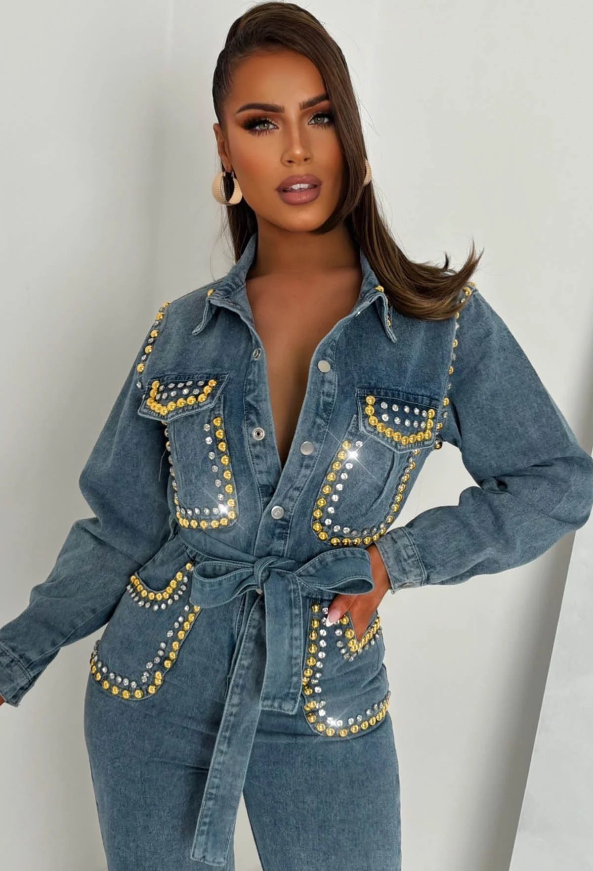 Indigo Icon Mid Wash Stretch Denim Long Sleeve Studded Jumpsuit - Image 2