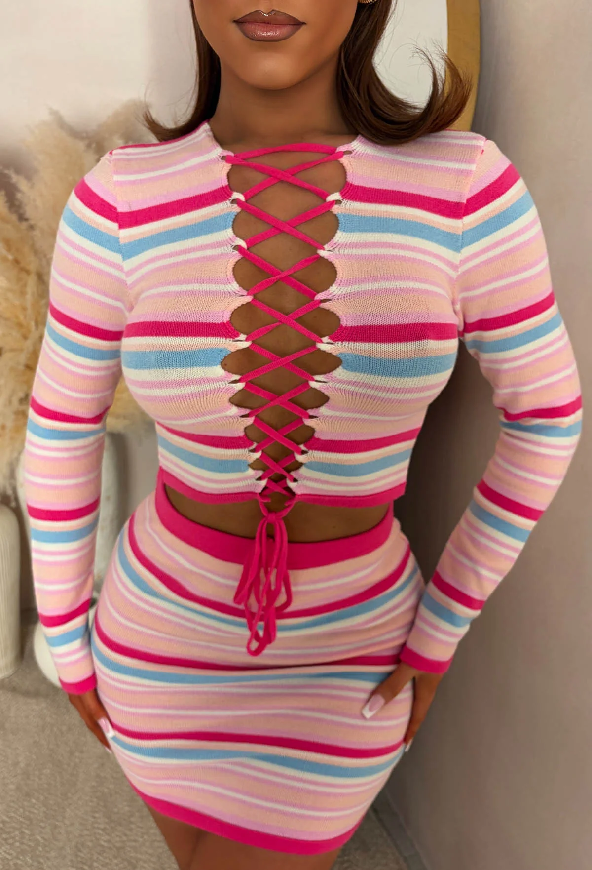 Irresistible You Pink Knitted Stripe Lace Up Top