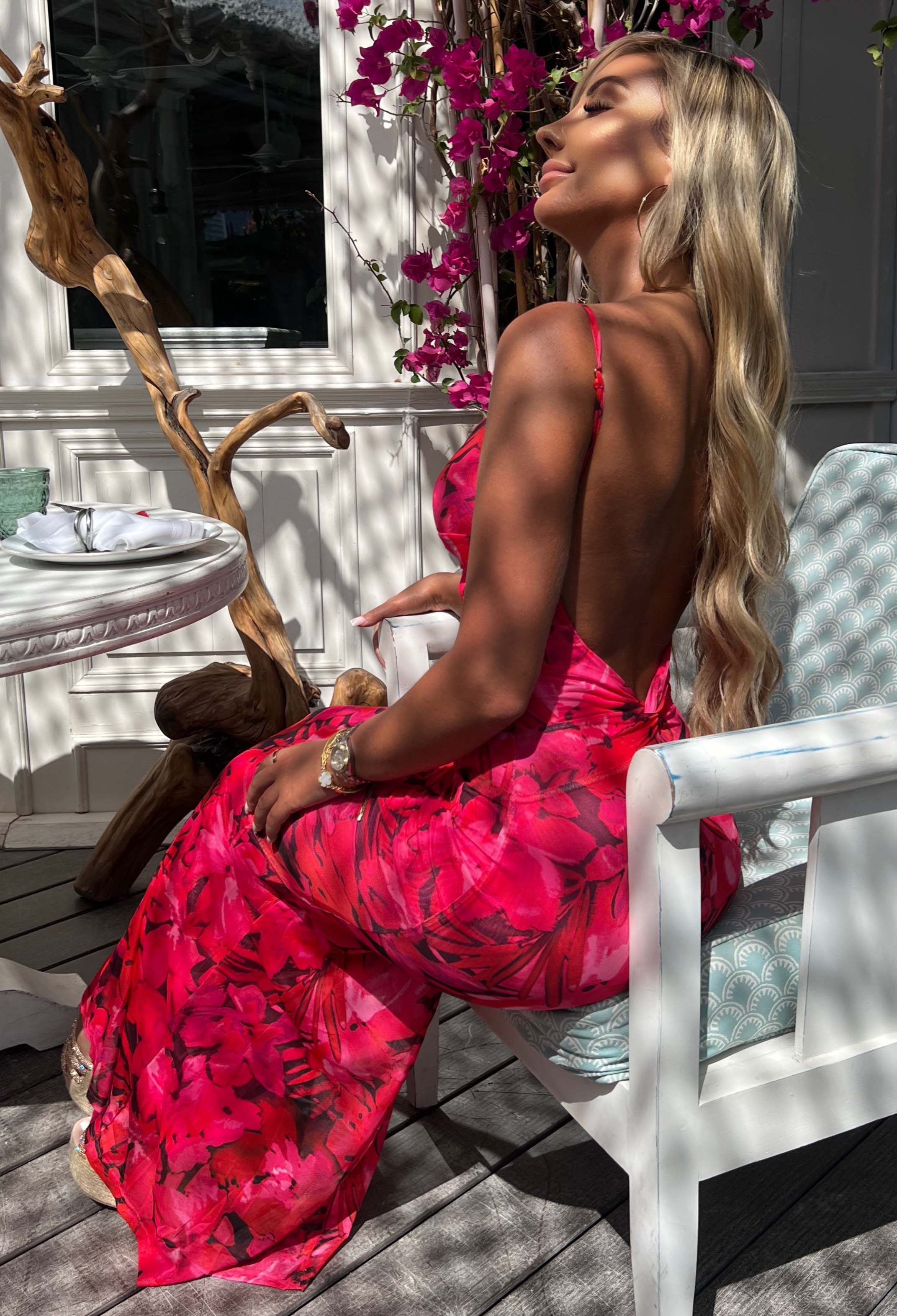 Island Sunset Pink Vivid Print Backless Cami Maxi Dress - Image 4