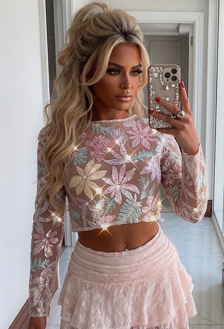 It Girl Season Pink Floral Mesh Sequin Top