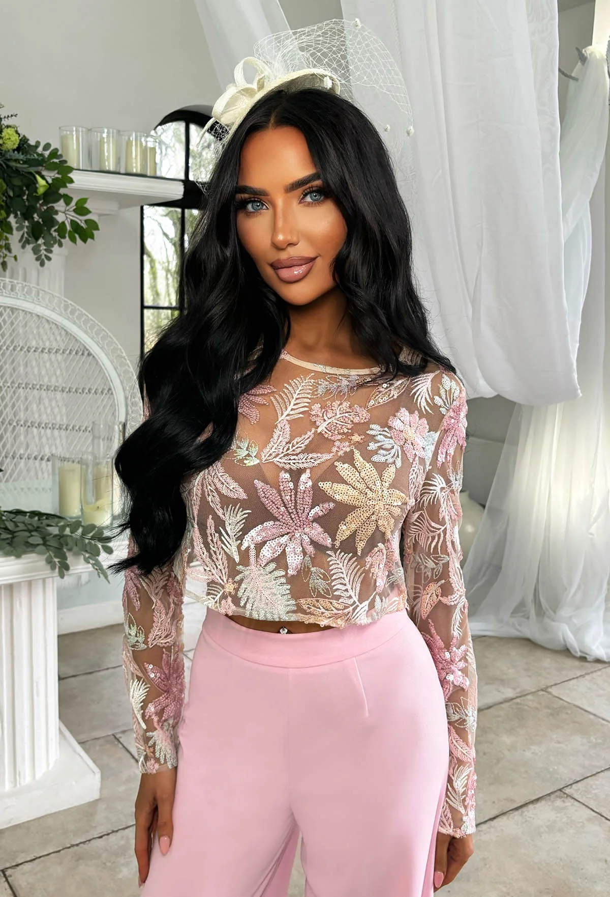 It Girl Season Pink Floral Mesh Sequin Top - Image 2