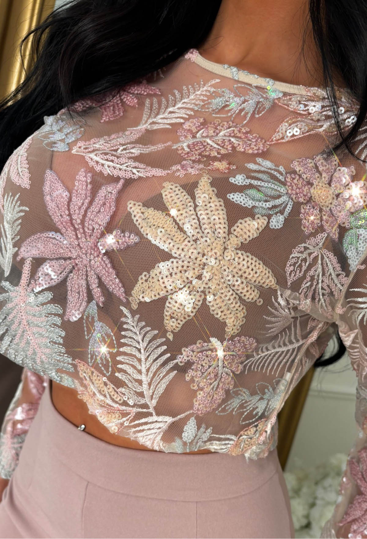 It Girl Season Pink Floral Mesh Sequin Top - Image 3