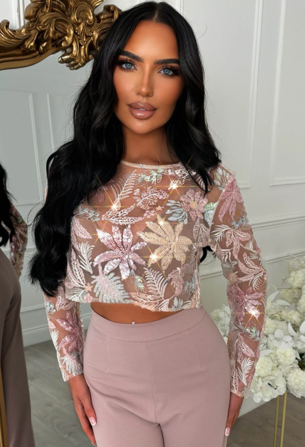 It Girl Season Pink Floral Mesh Sequin Top - Image 4