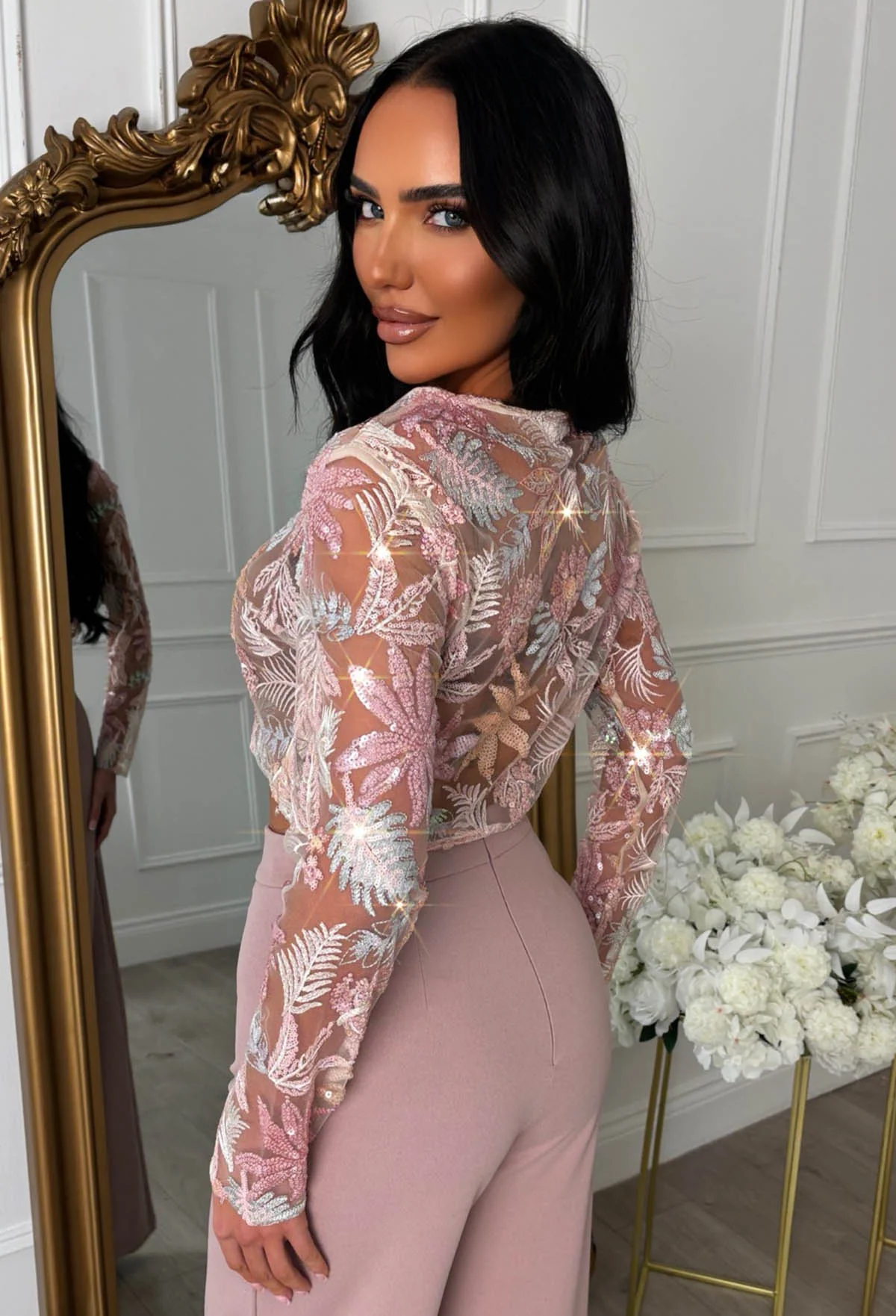 It Girl Season Pink Floral Mesh Sequin Top - Image 5