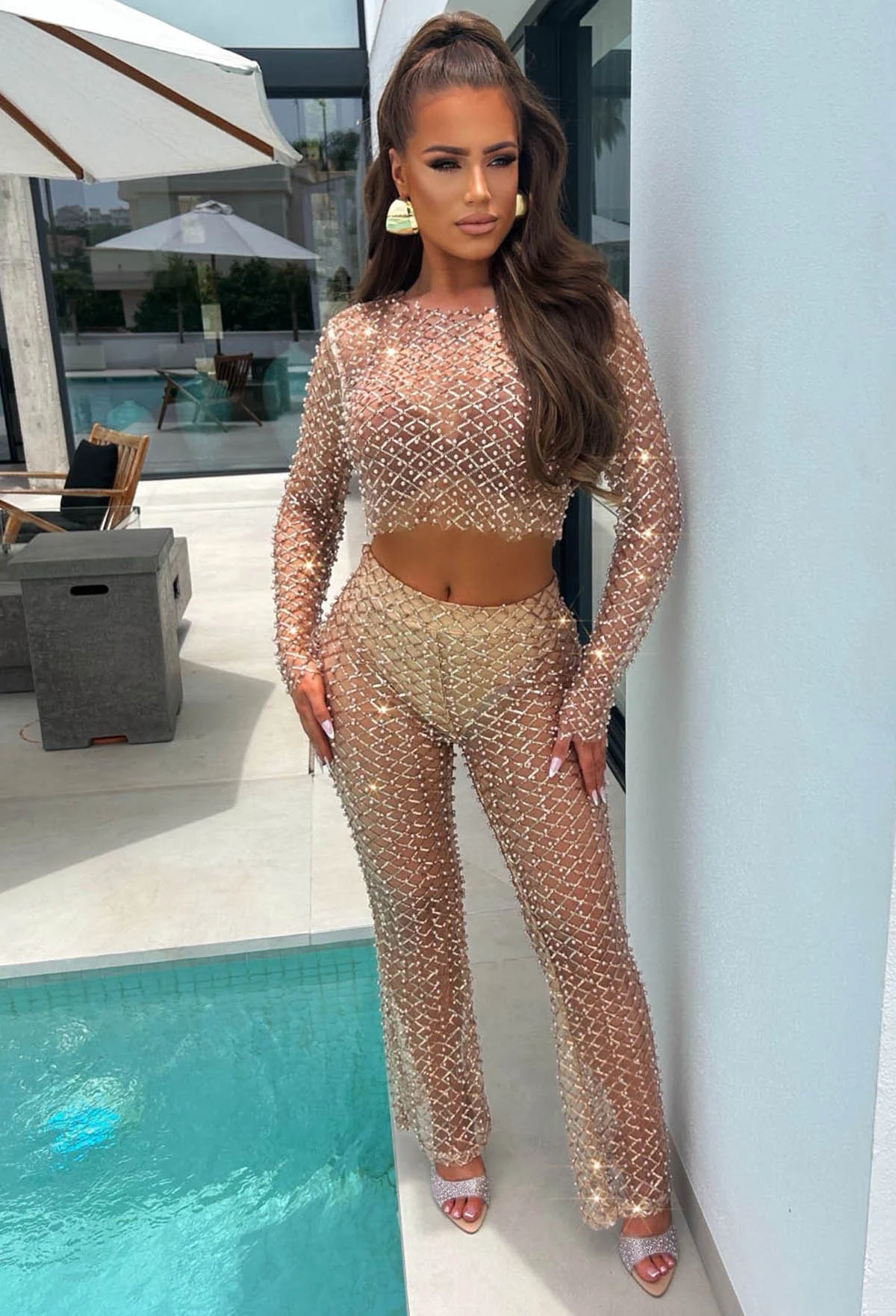 It Girl Season Rose Gold Sequin Pearl Mesh Top - Image 3