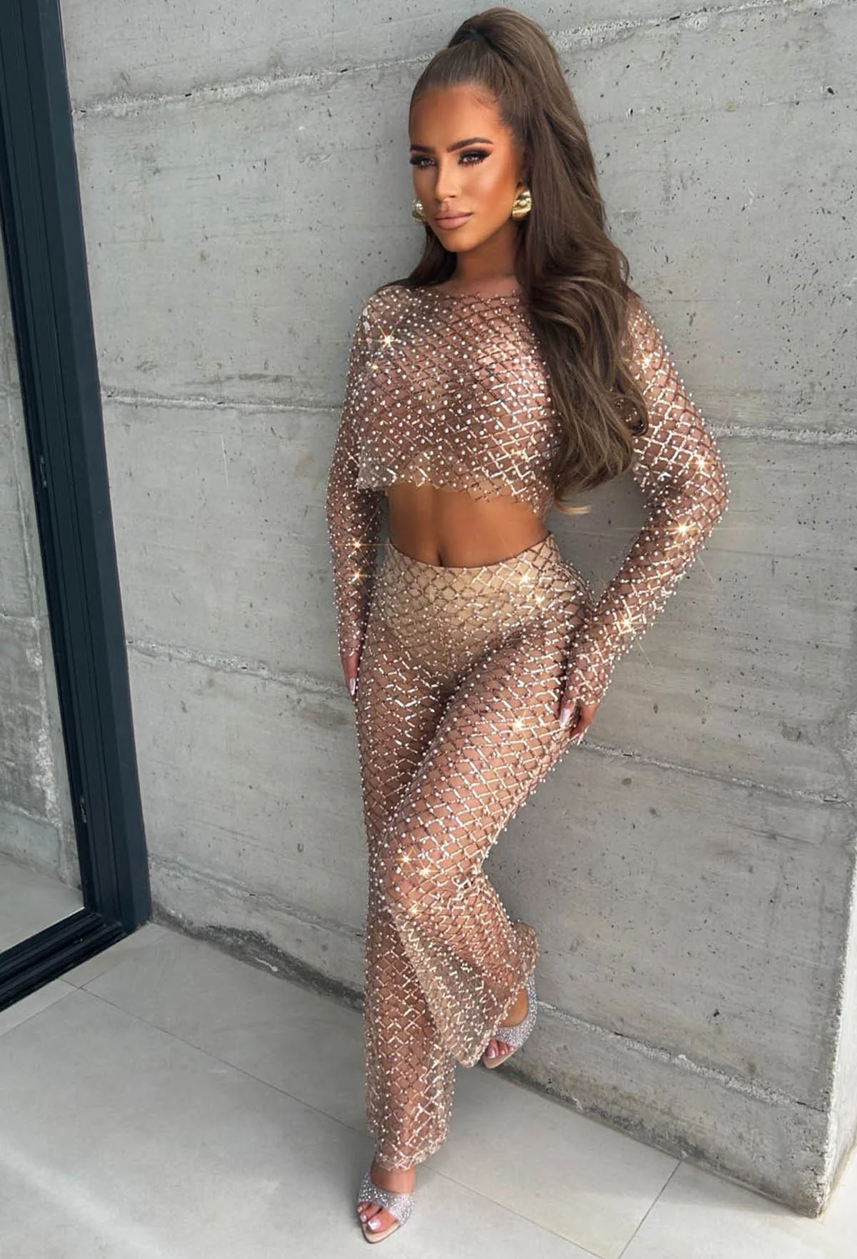 It Girl Season Rose Gold Sequin Pearl Mesh Top - Image 5