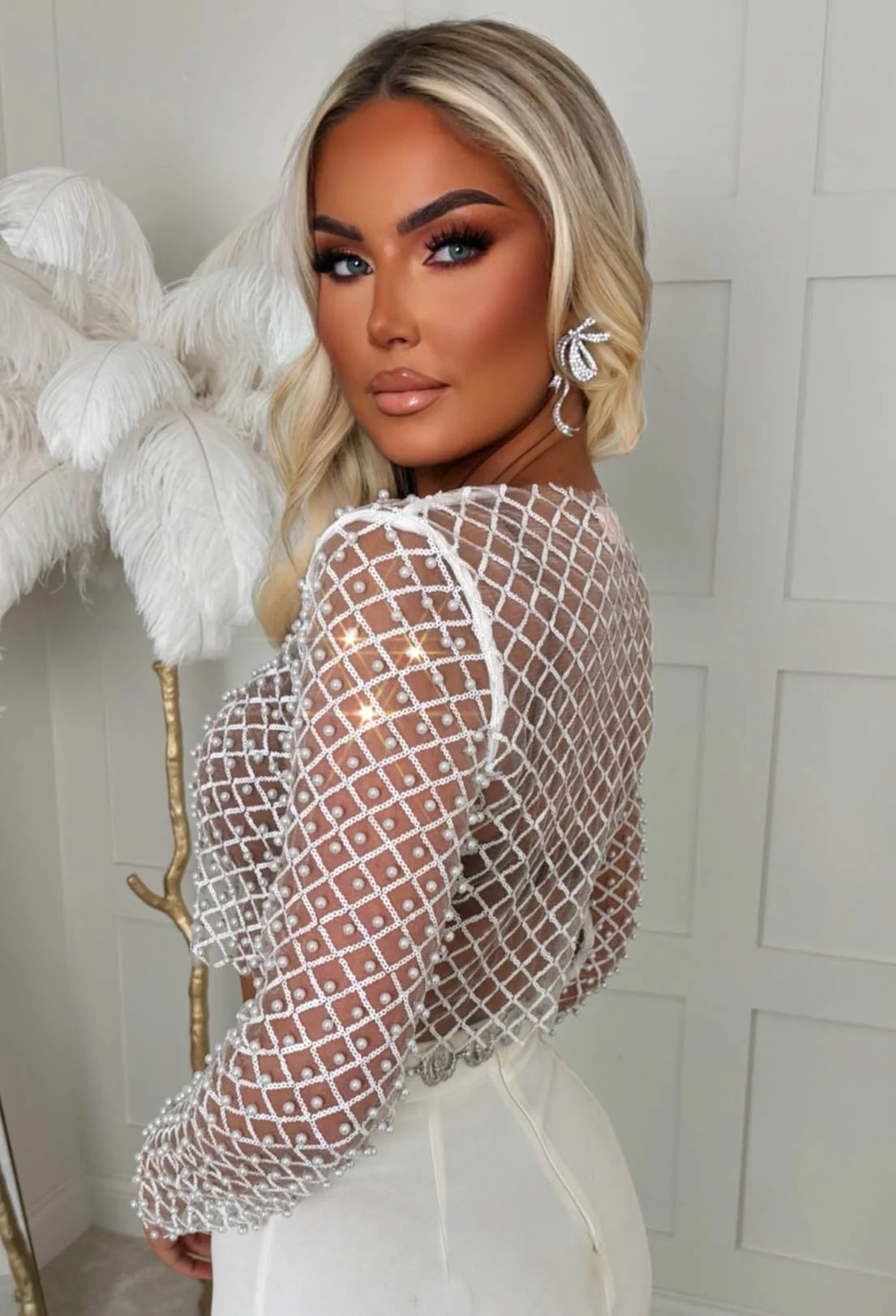 It Girl Season White Sequin Pearl Mesh Top - Image 3