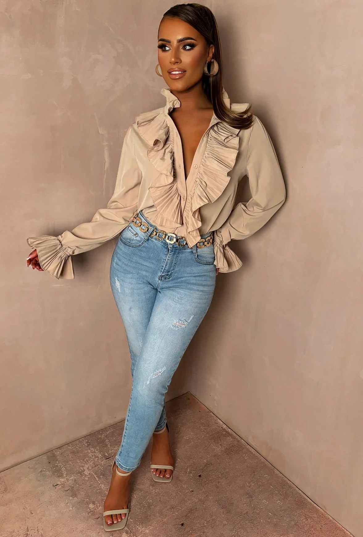It Girl Stone Button Up Frill Blouse - Image 3