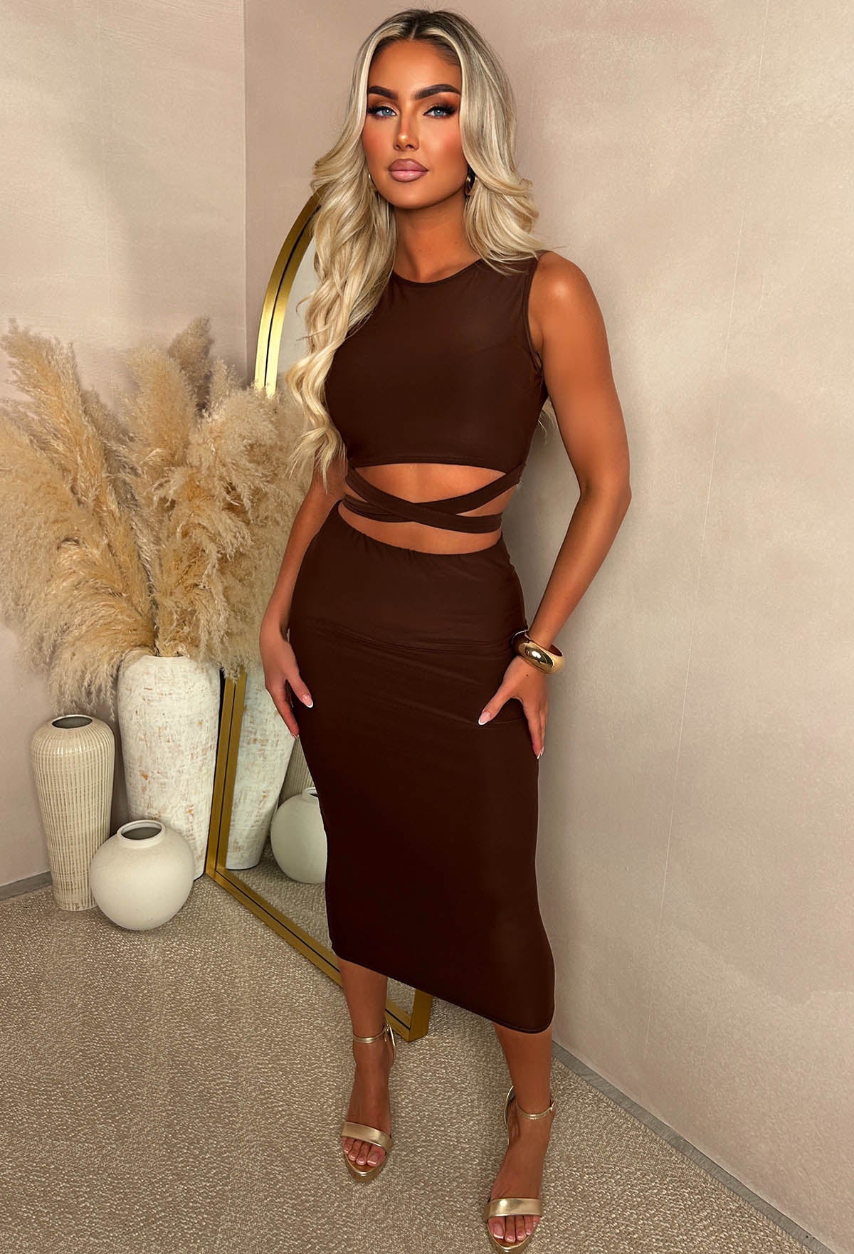 A Match Up Chocolate Brown Midi Wrap Around Co-ord Set - Image 2