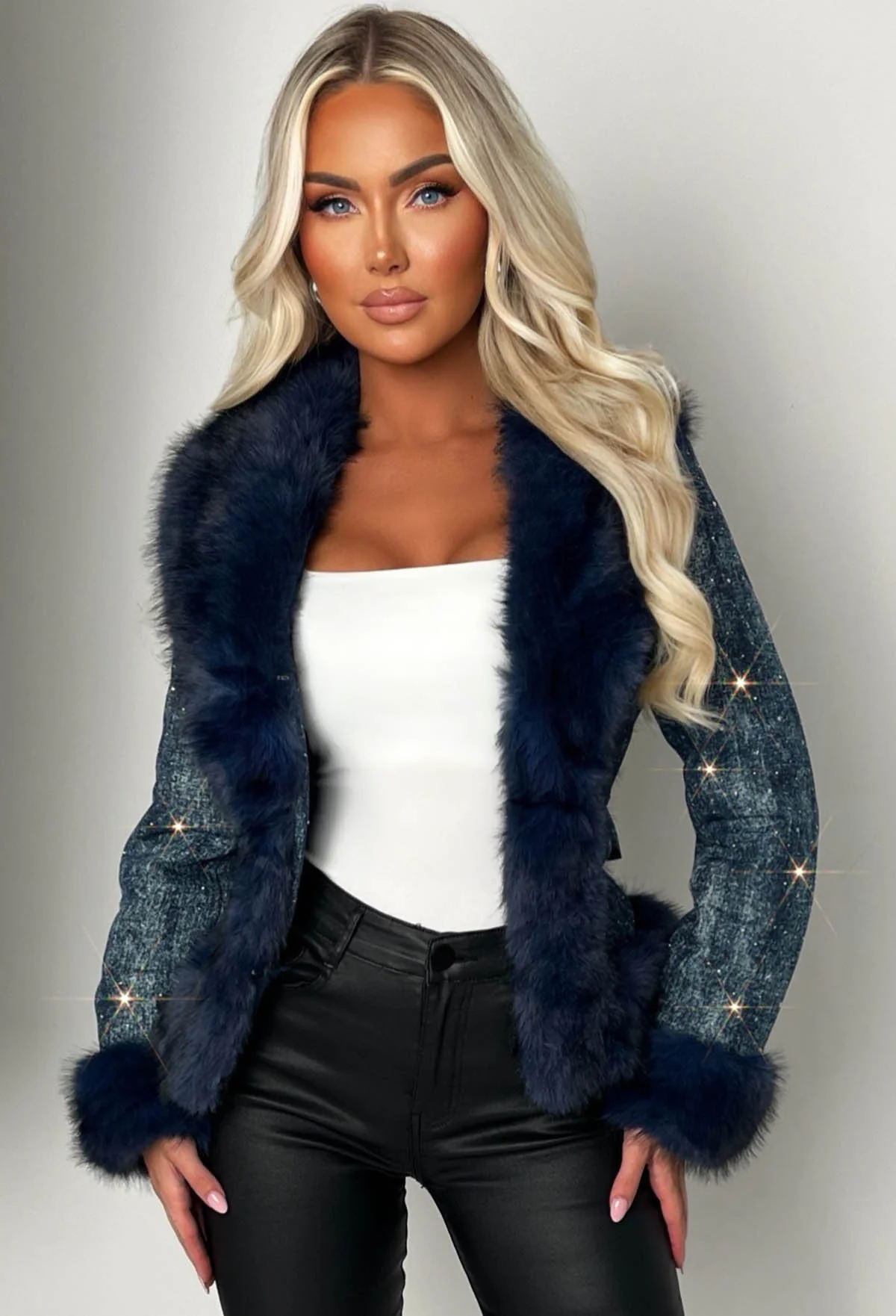 It's A Scandal Mid Blue Denim & Faux Fur Belted Jacket - Image 2