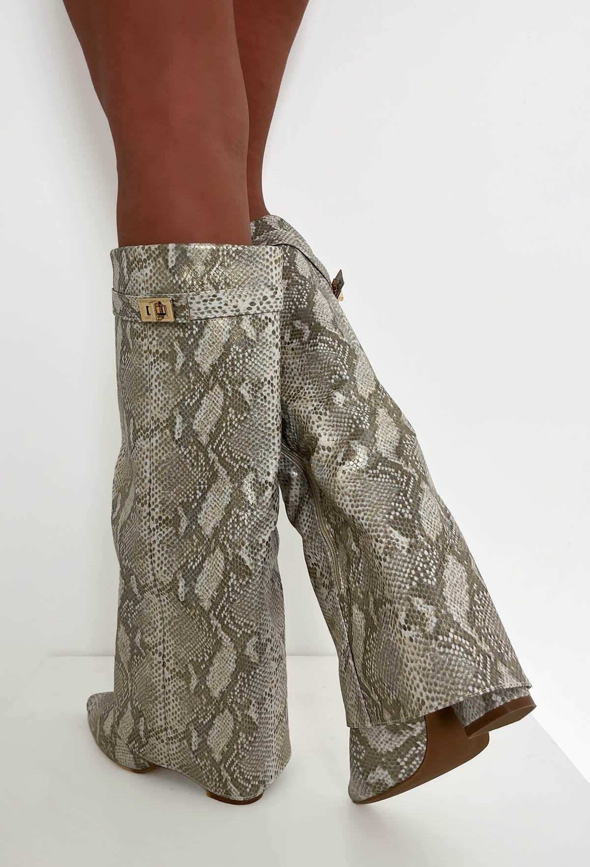 It's A Secret Nude Snake Print Fold Over Knee High Lock Shark Boots - Image 3