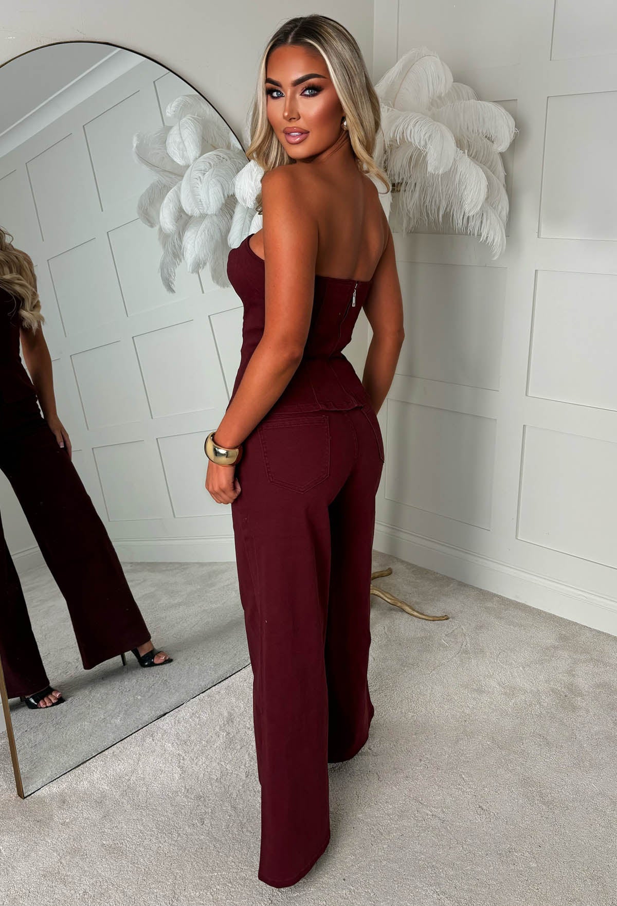 Just As Cool Burgundy Stretch Denim Jeans & Bandeau Co-Ord Set - Image 2