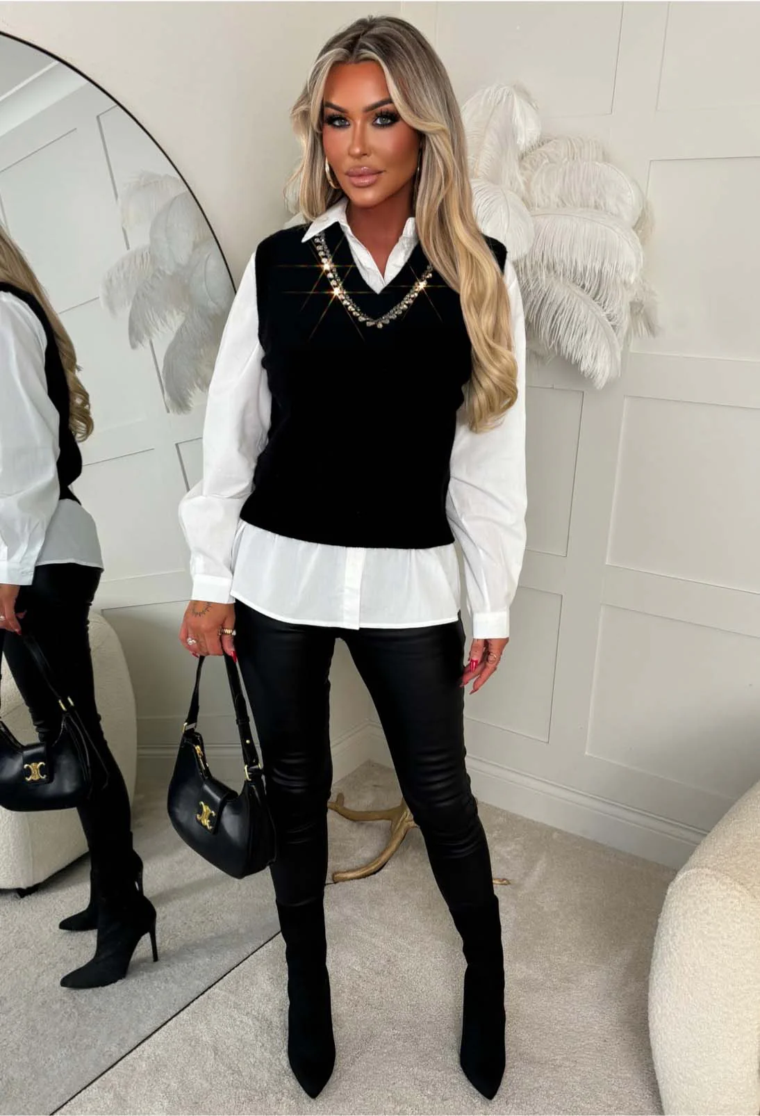 Just Desire Black 2 In 1 Diamante Neck Embellished Jumper With Shirt - Image 4