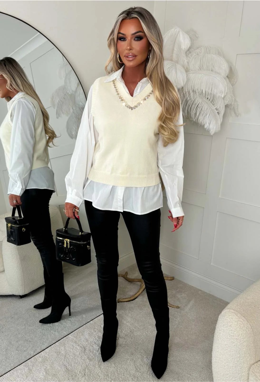 Just Desire Cream 2 In 1 Diamante Neck Embellished Jumper With Shirt - Image 3