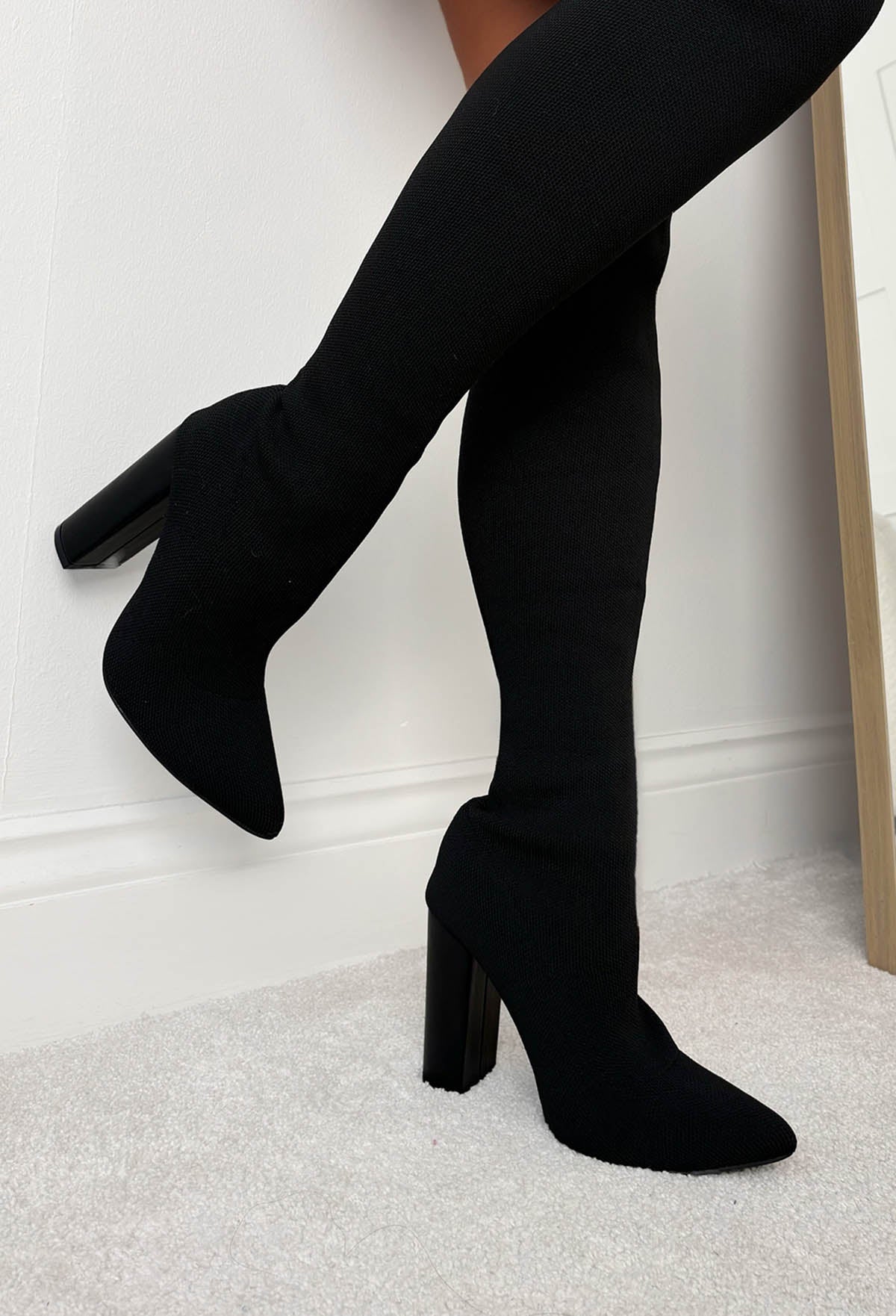 Just For You Black Stretch Over The Knee Block Heel Boots - Image 2
