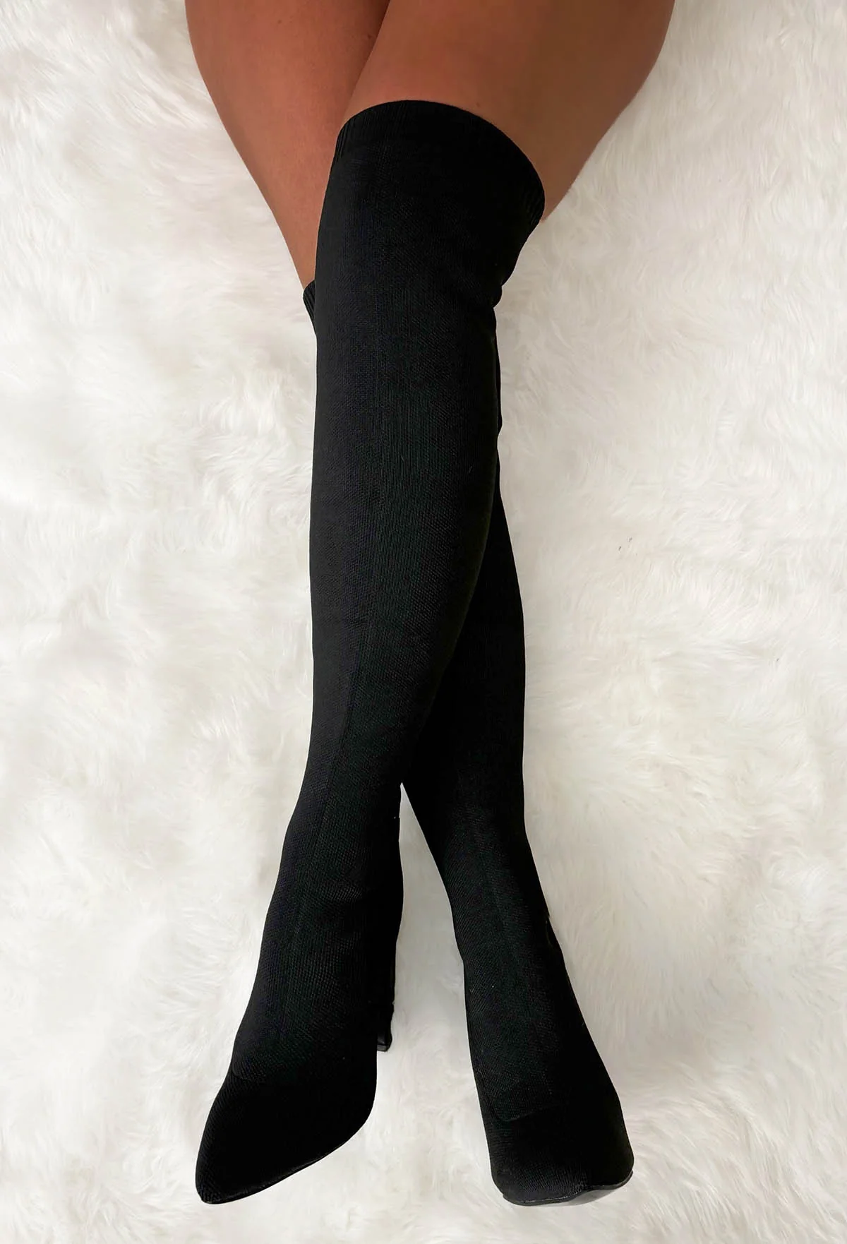 Just For You Black Stretch Over The Knee Block Heel Boots - Image 3