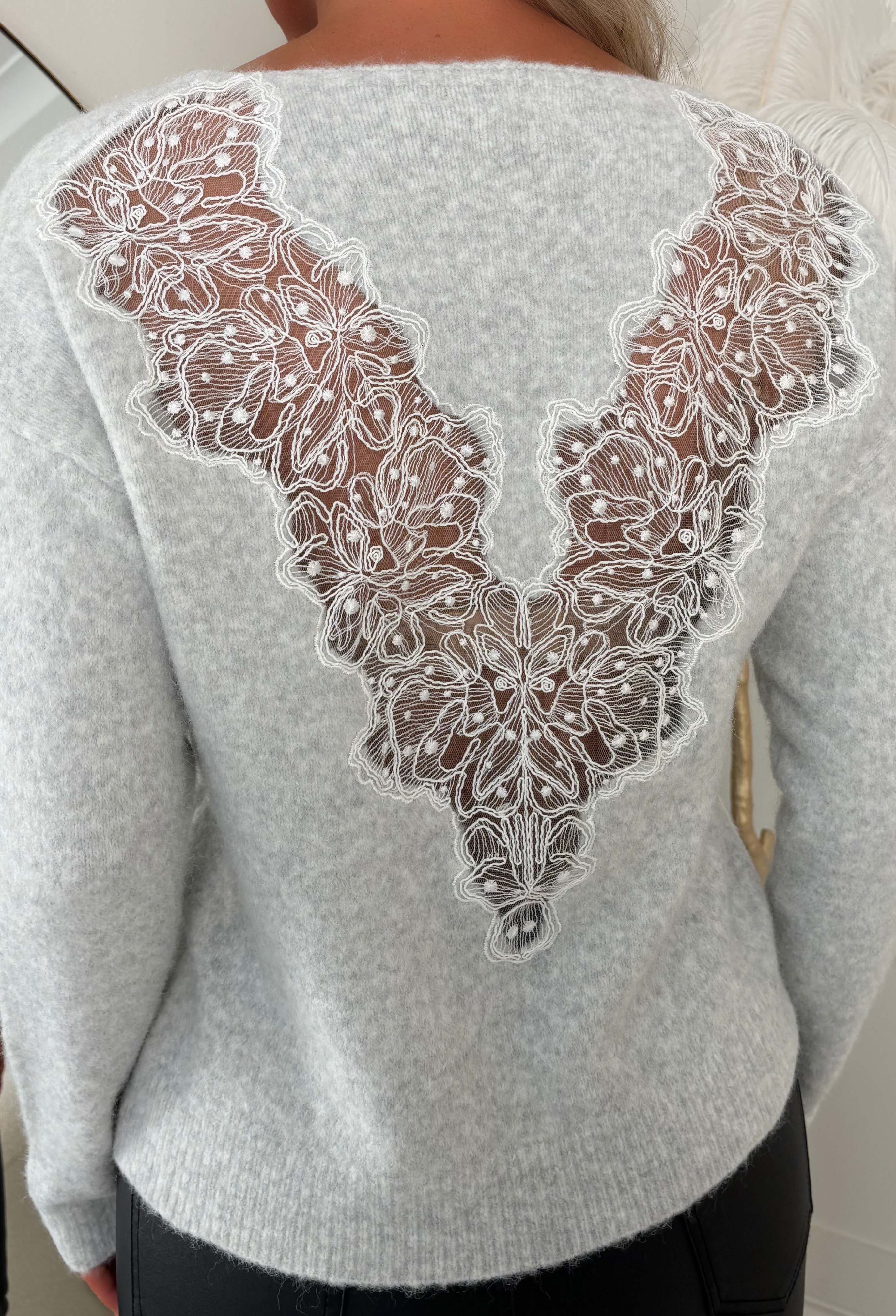 Just So Chic Grey Lace Back V Neck Jumper - Image 3