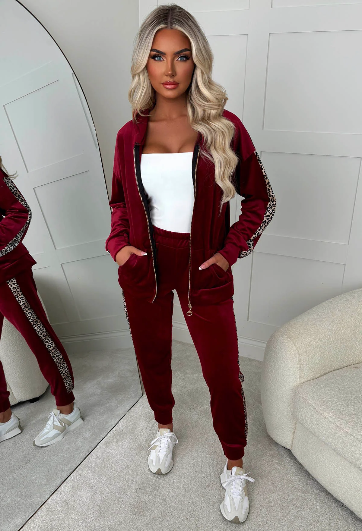 Karma Burgundy Leopard Side Print Velour Loungewear Set - Image 2