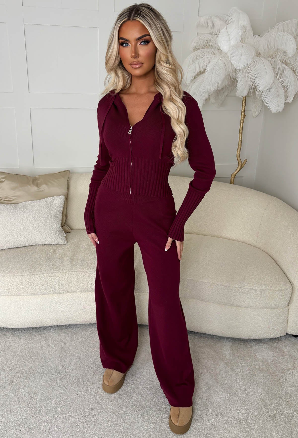 Kassie Burgundy Knitted Hoodie & Anabella Burgundy Trousers Set - Image 2