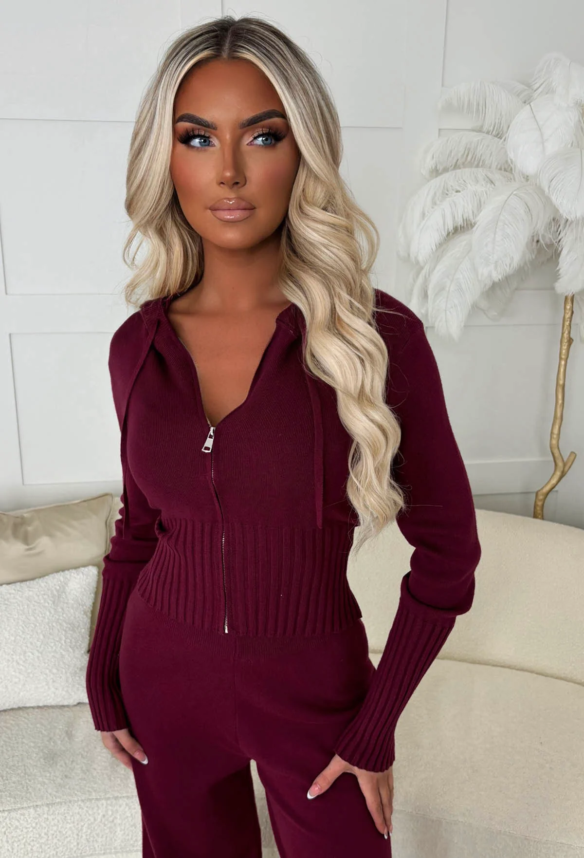 Kassie Burgundy Knitted Hoodie & Anabella Burgundy Trousers Set - Image 4