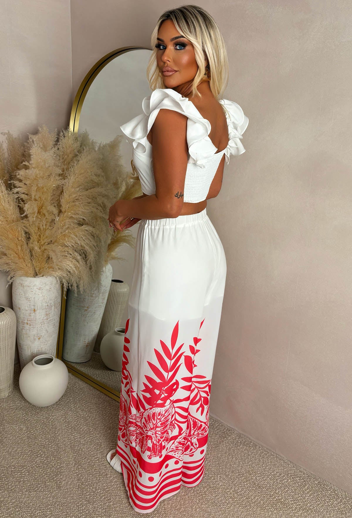 Keep Blooming White Tropical Print Trouser Frill Top Co-Ord - Image 2