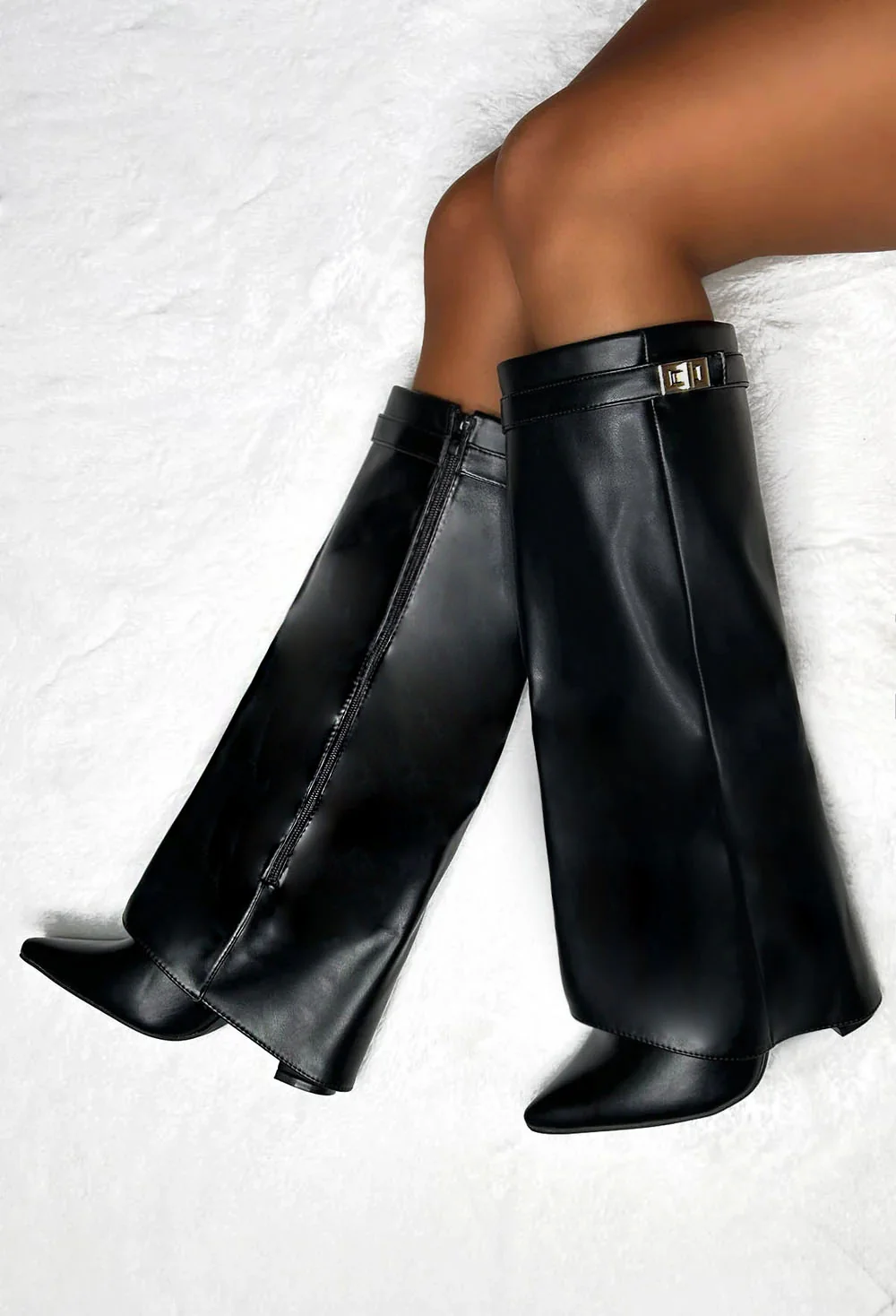 Keep It A Secret Black Faux Leather Fold Over Knee High Shark Boots - Image 2