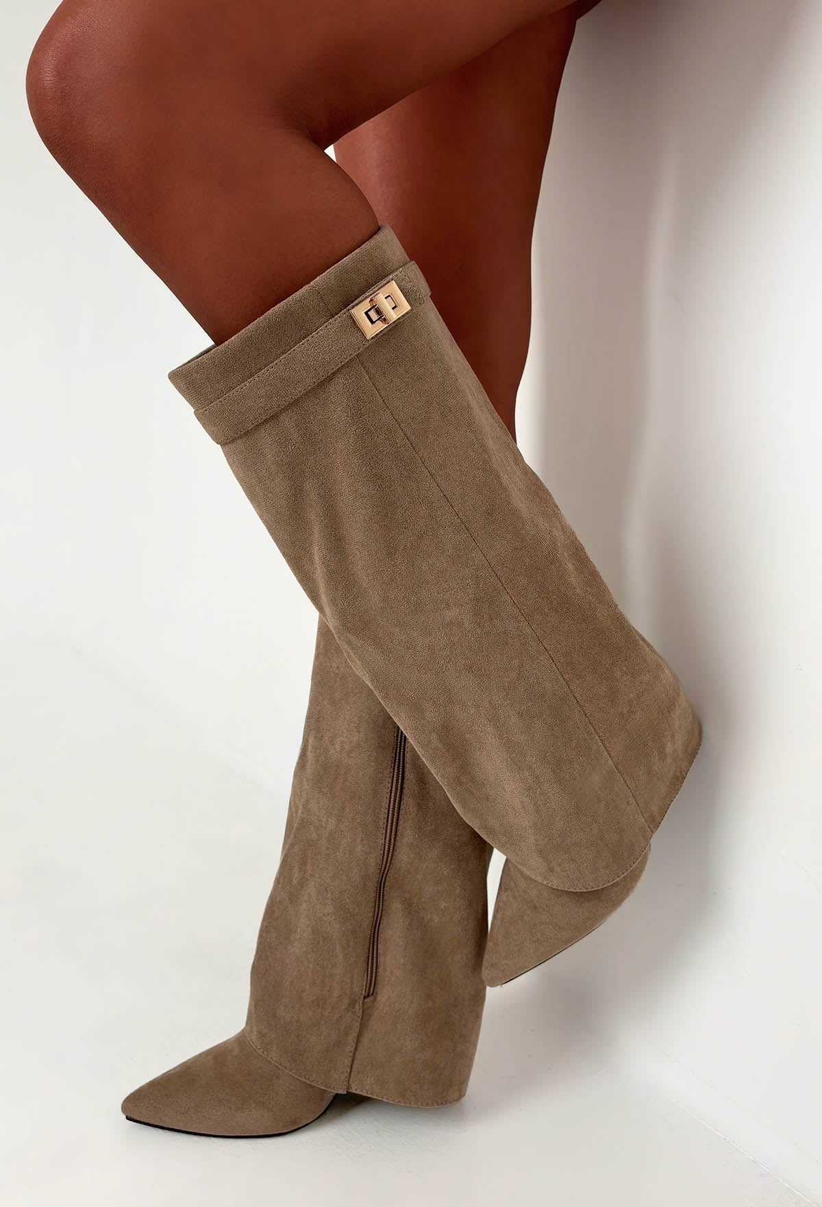 Keep It A Secret Taupe Faux Suede Fold Over Knee High Lock Shark Boots - Image 4