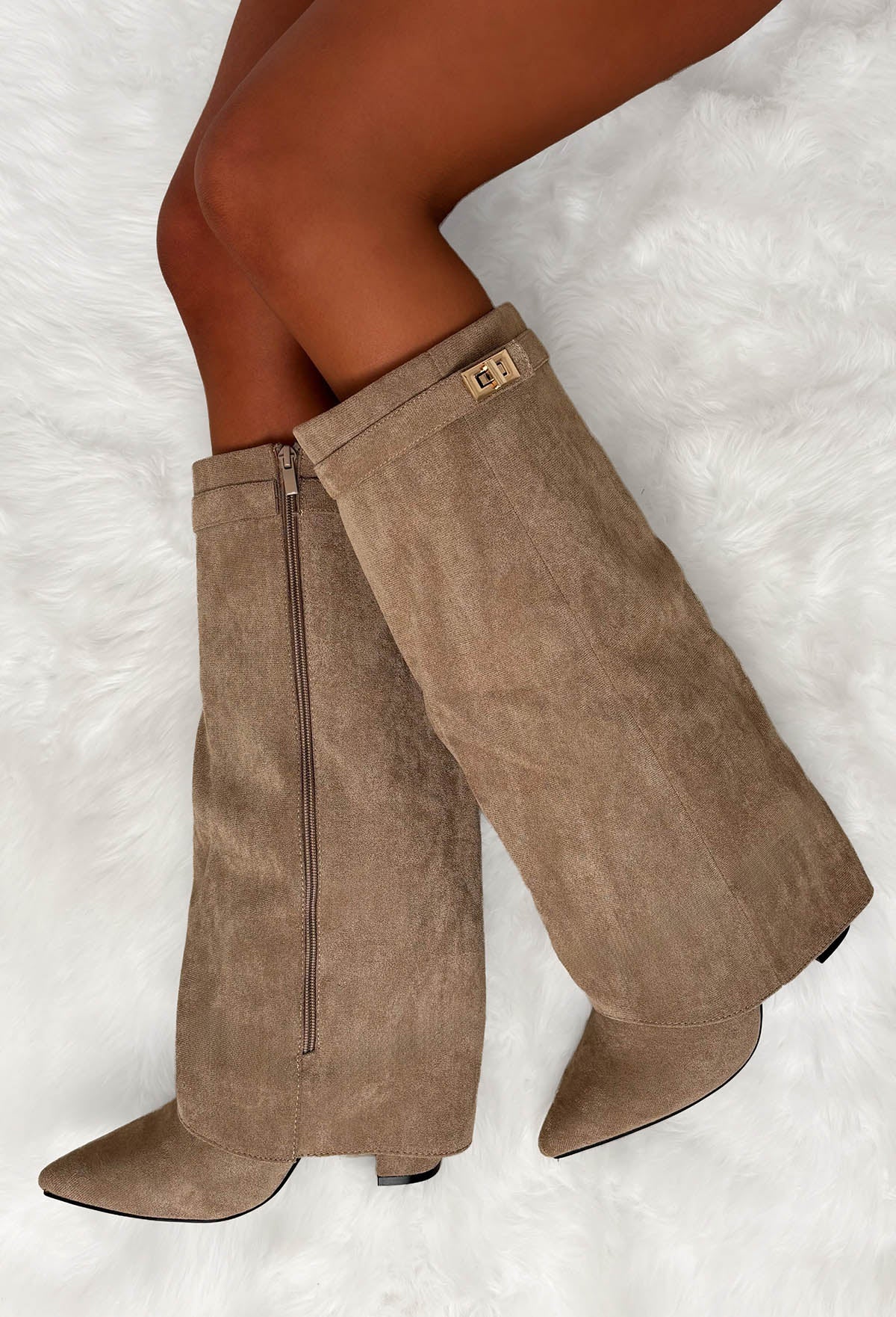Keep It A Secret Taupe Faux Suede Fold Over Knee High Lock Shark Boots - Image 5
