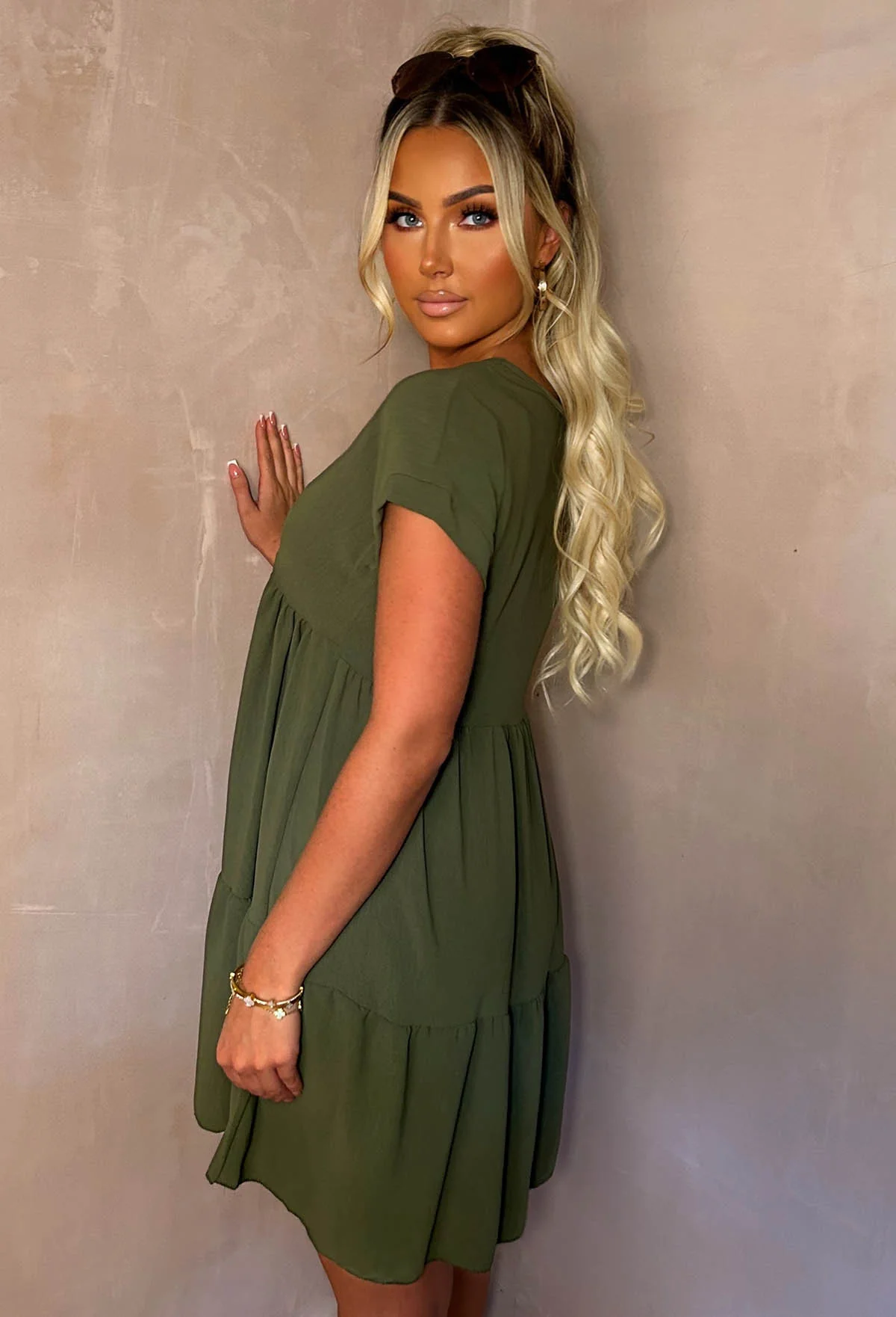 Keep Me Cute Khaki V-Neck Tiered Smock Day Dress - Image 2