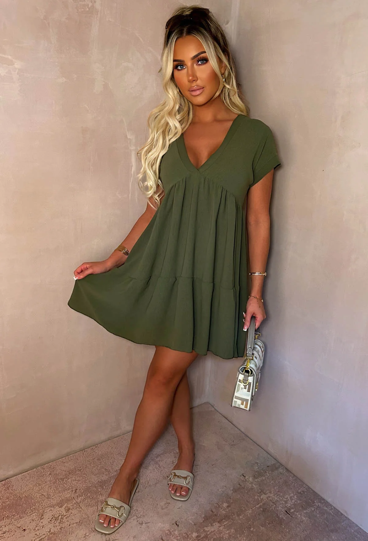 Keep Me Cute Khaki V-Neck Tiered Smock Day Dress - Image 3
