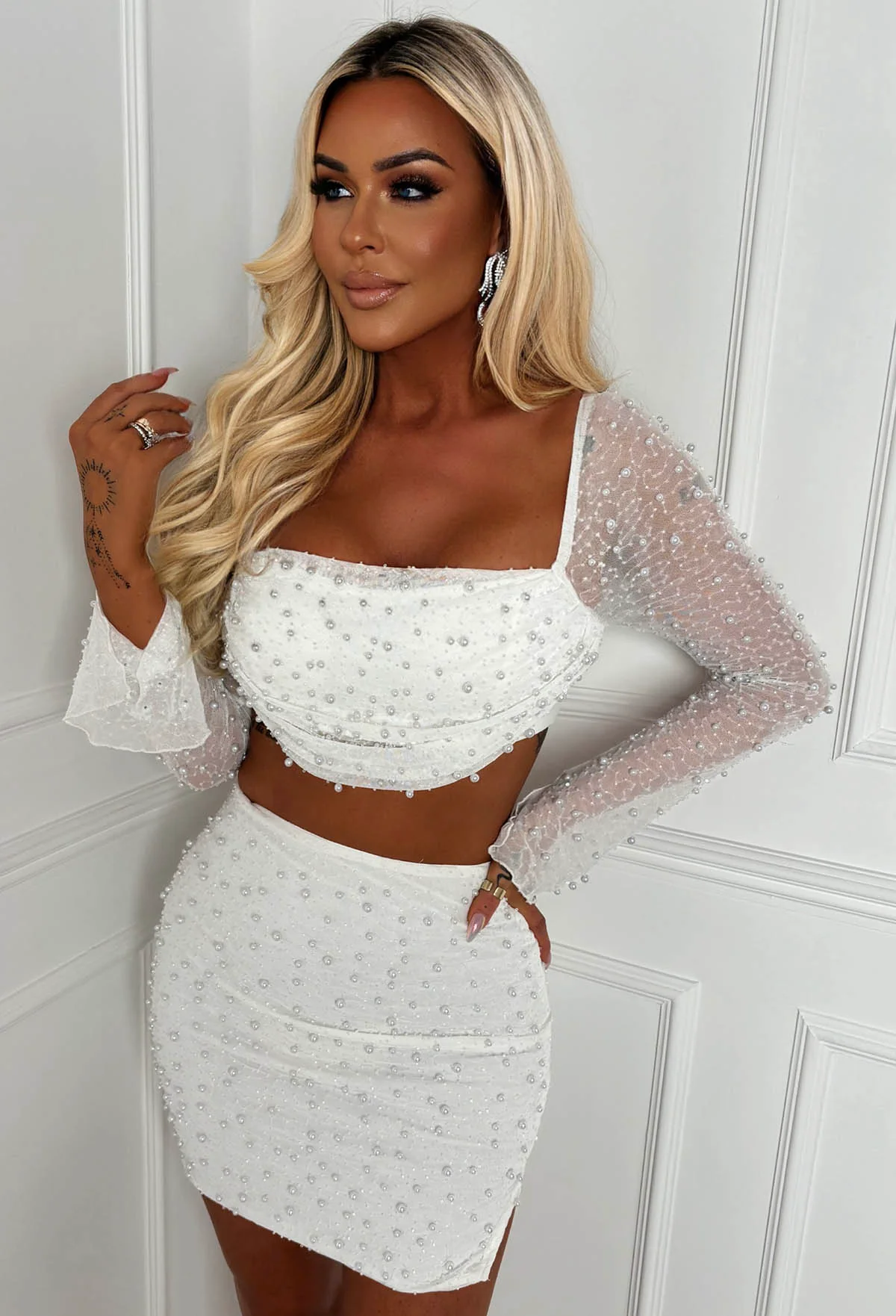 Kira White Pearl Embellished Crop Top & Skirt Co-Ord Set - Image 3