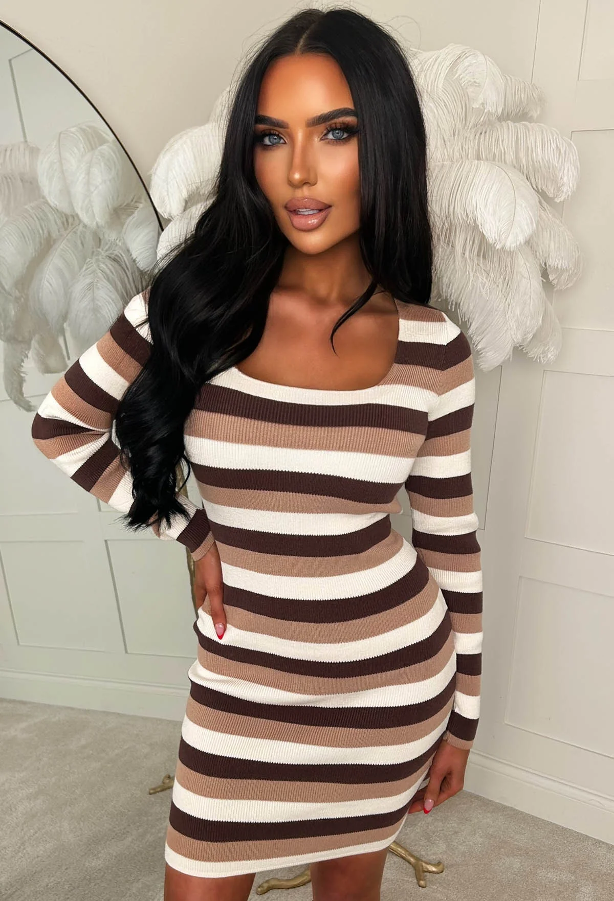 Knitted Temptation Brown Stripe Square Neck Long Sleeve Mini Dress - Image 3