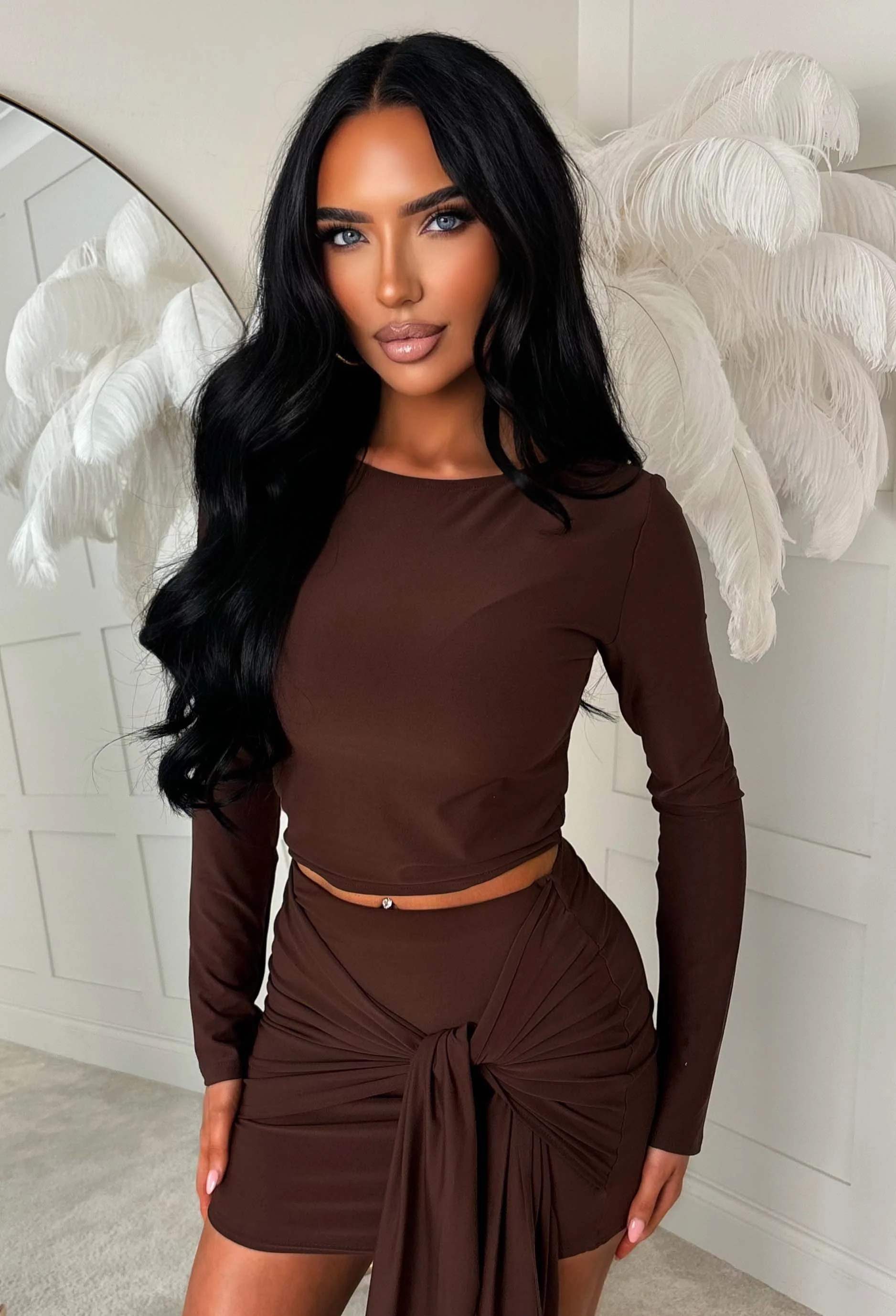 Knot Your Girl Chocolate Brown Knot Detail Mini Skirt Co-ord Set - Image 3