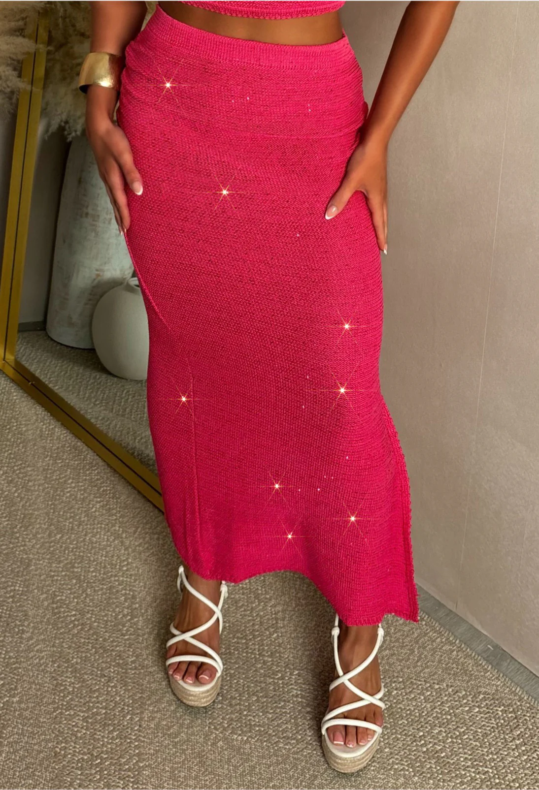 Knowing You Hot Pink Ruched Maxi Knitted Sequin Skirt - Image 2