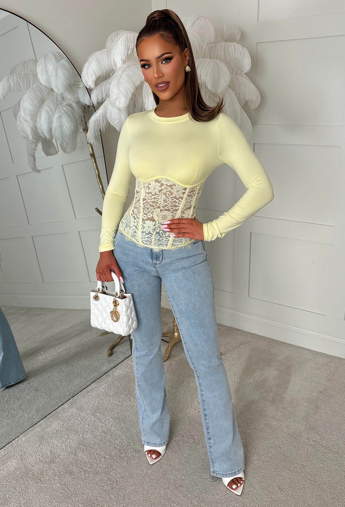 Lace Daydream Yellow Long Sleeve Corset Top - Image 3